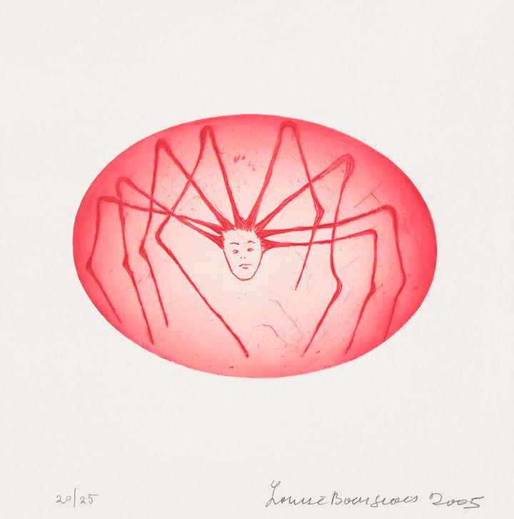 Drypoint print of a spider with a human head within an egg-shaped capsule