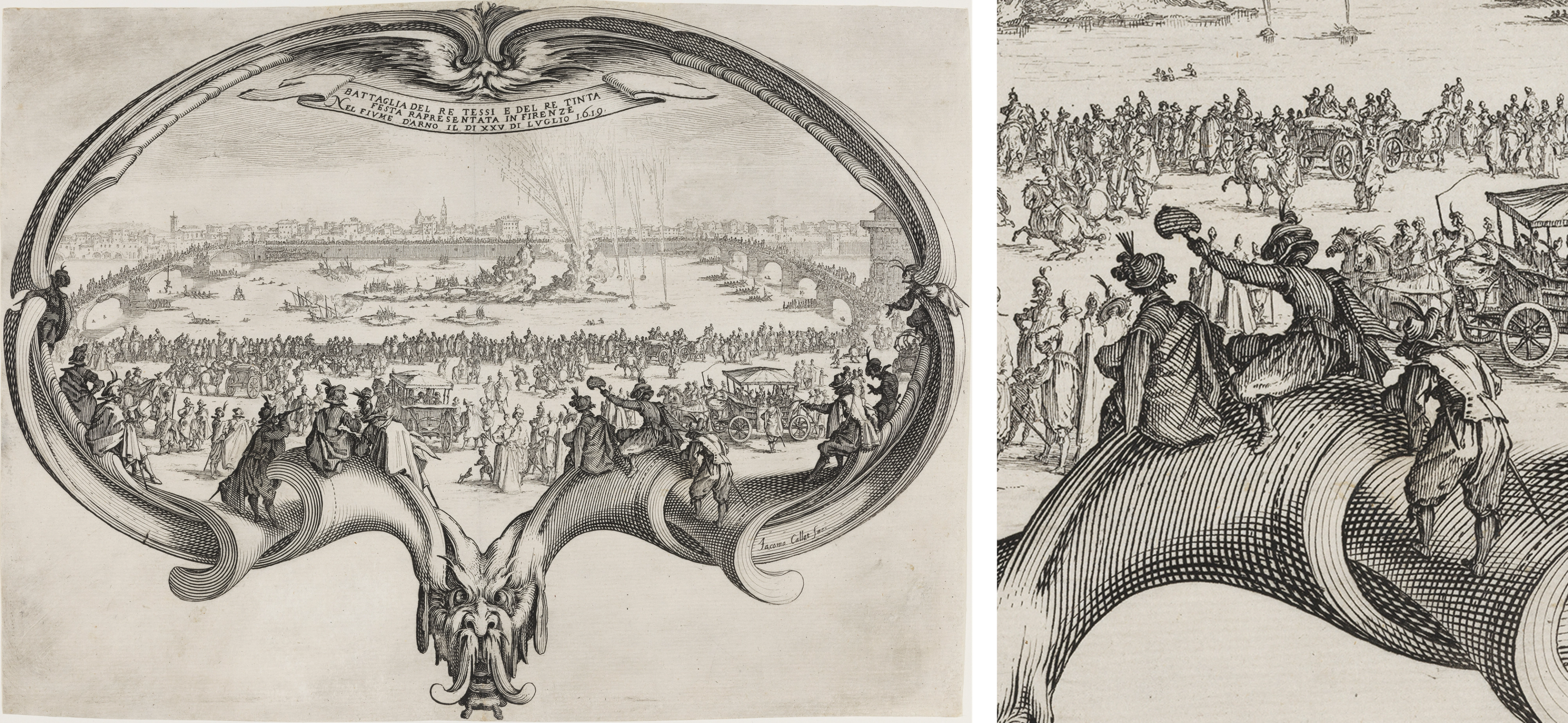 Engraved scene of a large outdoor festival. Crowds and carriages line a waterway erupting in fireworks, framed by ornate scrollwork and a winged figure. At right, a detail shows a figure holding a mounted fan.