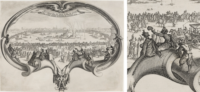 Engraved scene of a large outdoor festival. Crowds and carriages line a waterway erupting in fireworks, framed by ornate scrollwork and a winged figure. At right, a detail shows a figure holding a mounted fan.
