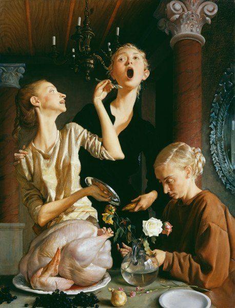 A painting by John Currin of three people around a table with a cooked whole turkey on a plate