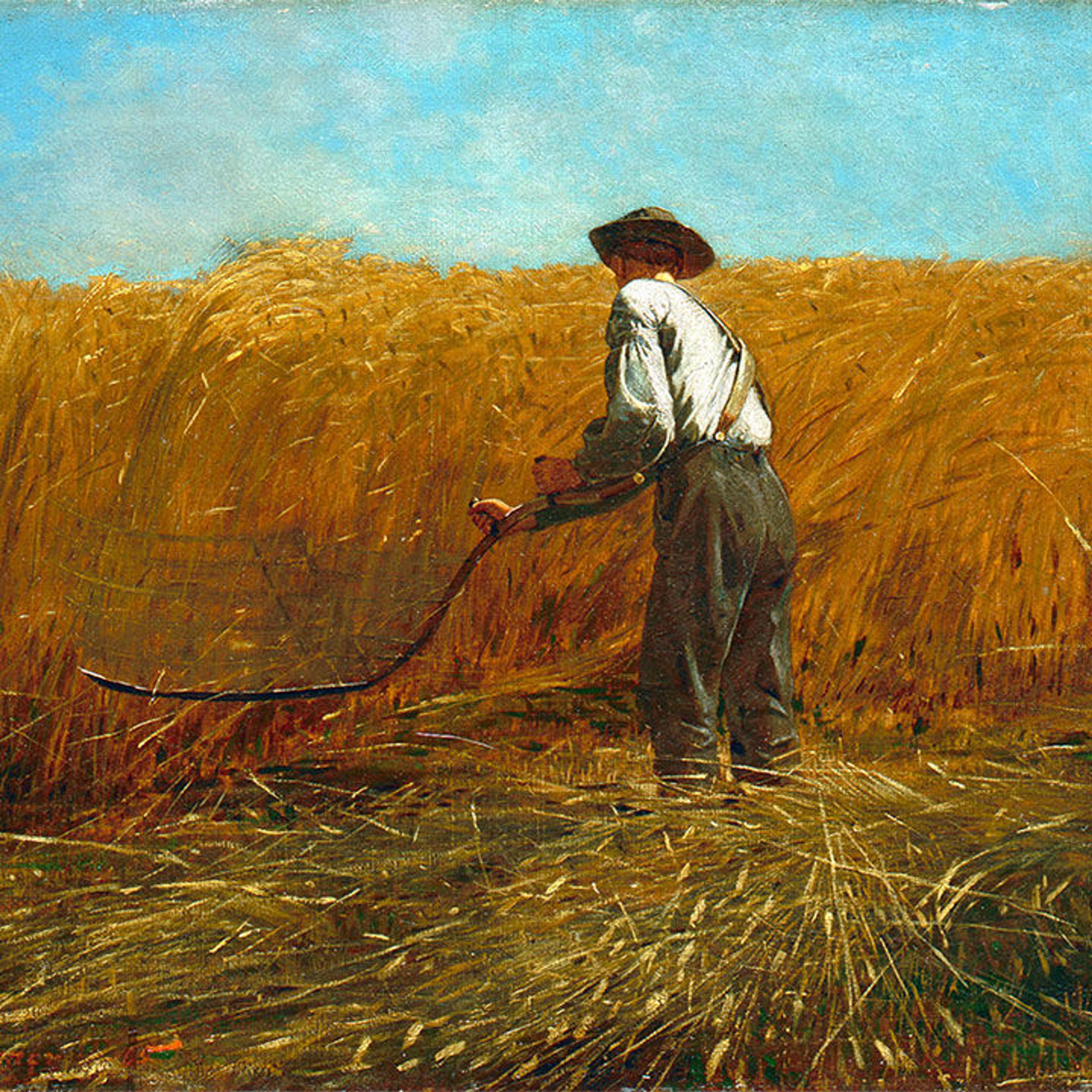 A painting of a farmer reaping a field
