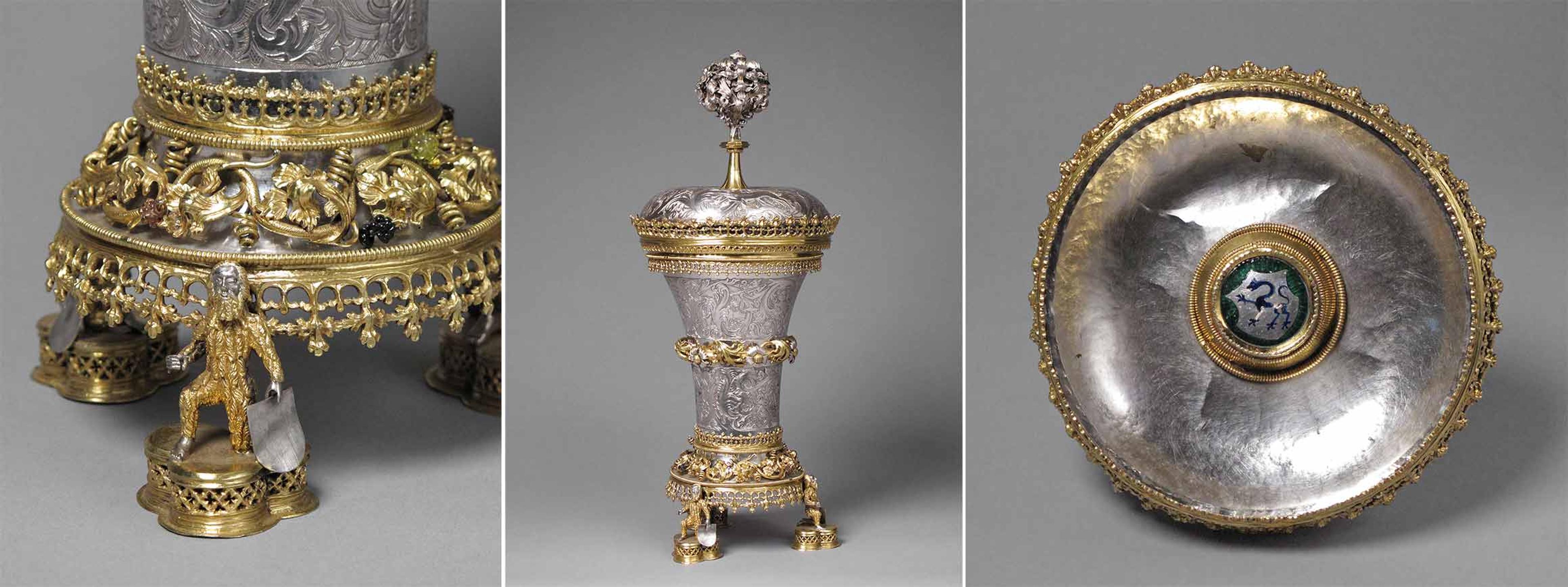Three details of a silver medieval beaker