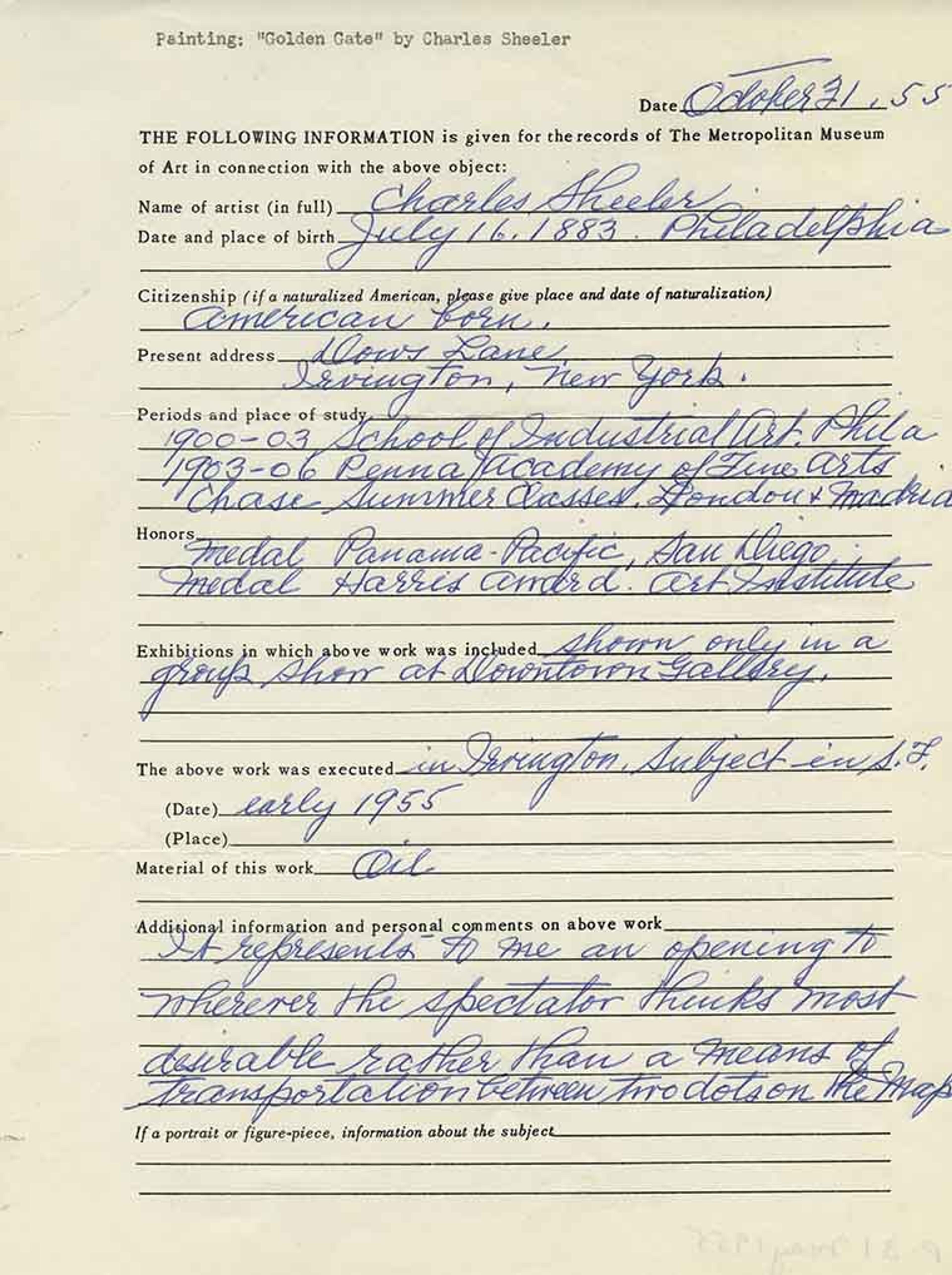 An intake form filled out by artist Charles Sheeler
