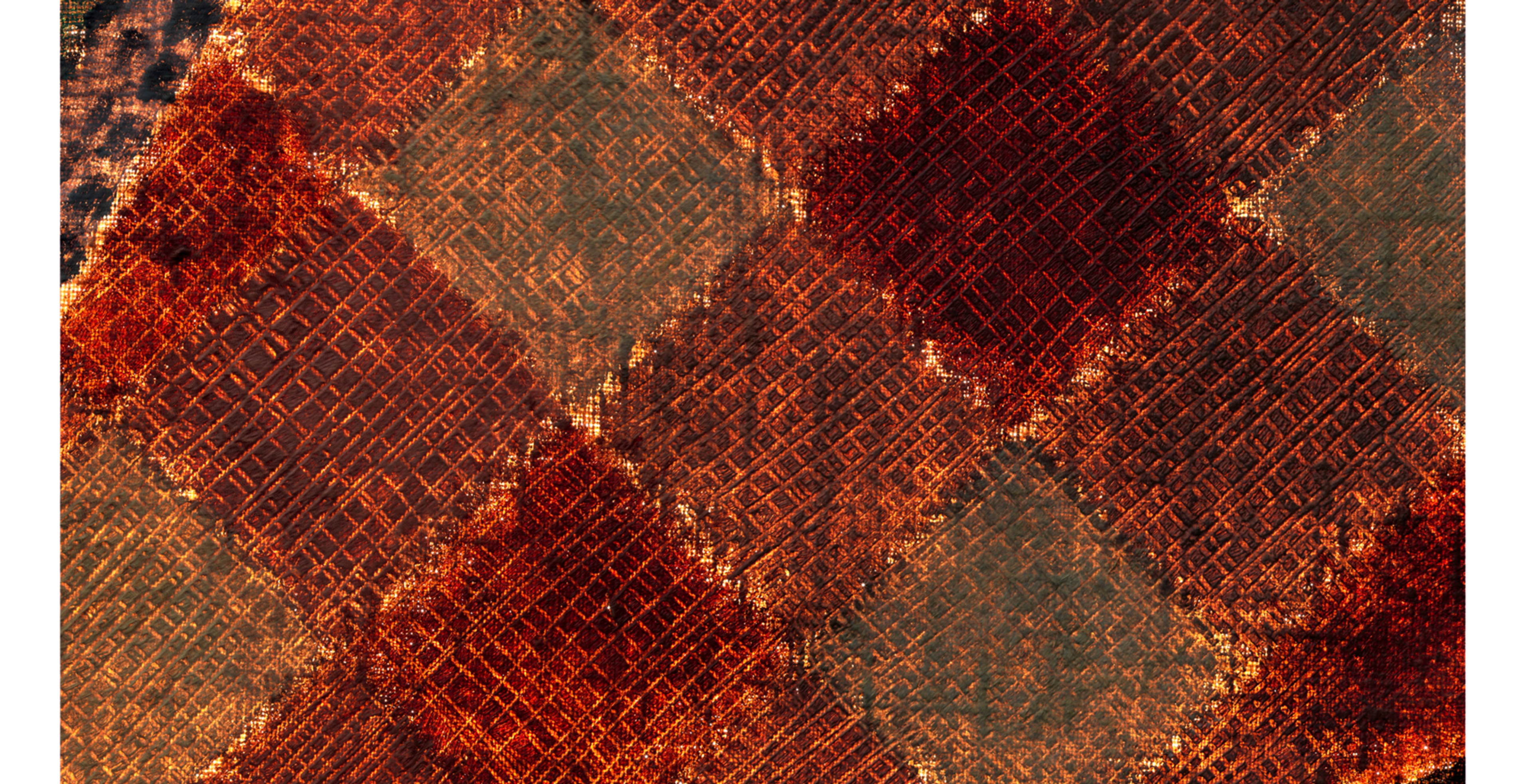 Detail of the red and yellow tablecloth in “Still Life with Checked Tablecloth” showing how the artist scored the tablecloth pattern to make it look woven