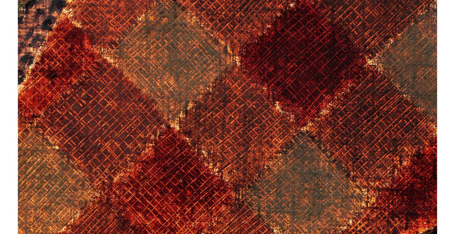 Detail of the red and yellow tablecloth in “Still Life with Checked Tablecloth” showing how the artist scored the tablecloth pattern to make it look woven