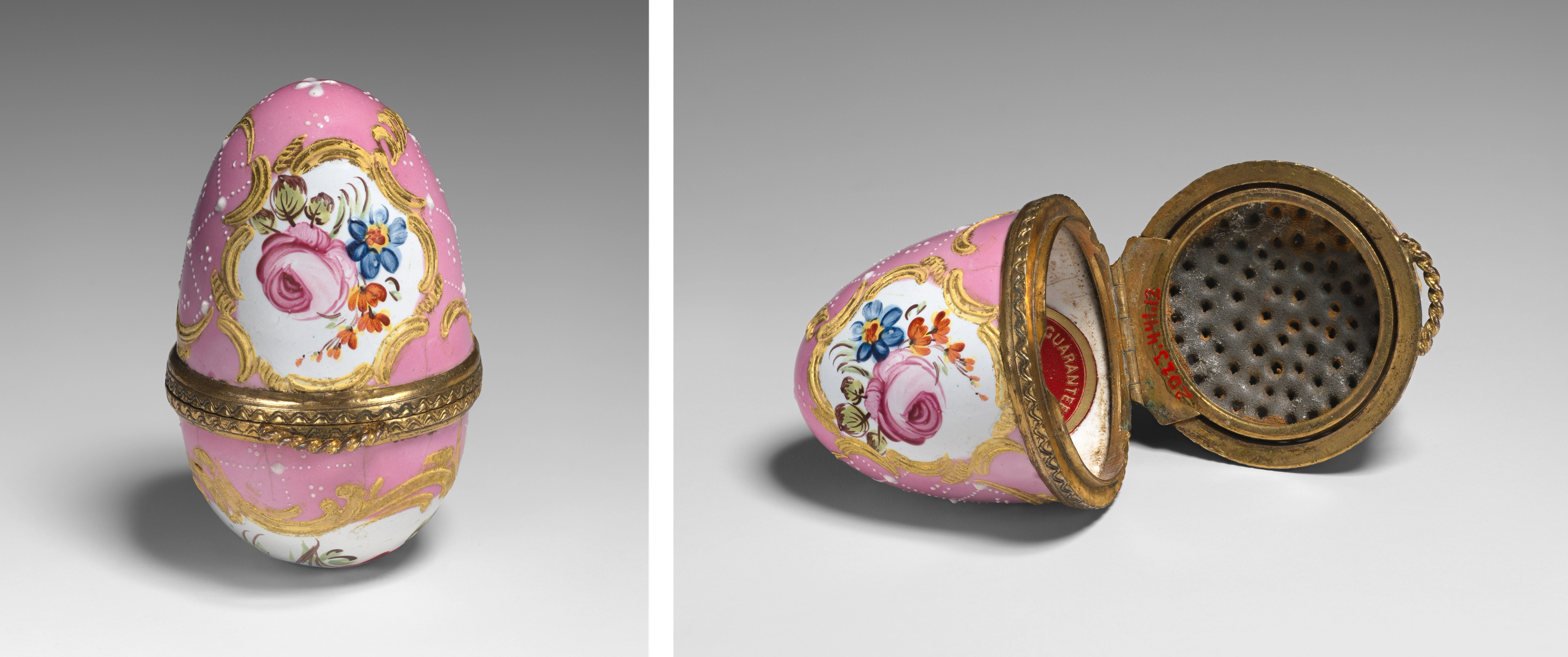 Diptych showing an egg-shaped pink floral object with a hinge around the middle, at left. At right, the object is opened and laid on its side, showing the interior grating surface.