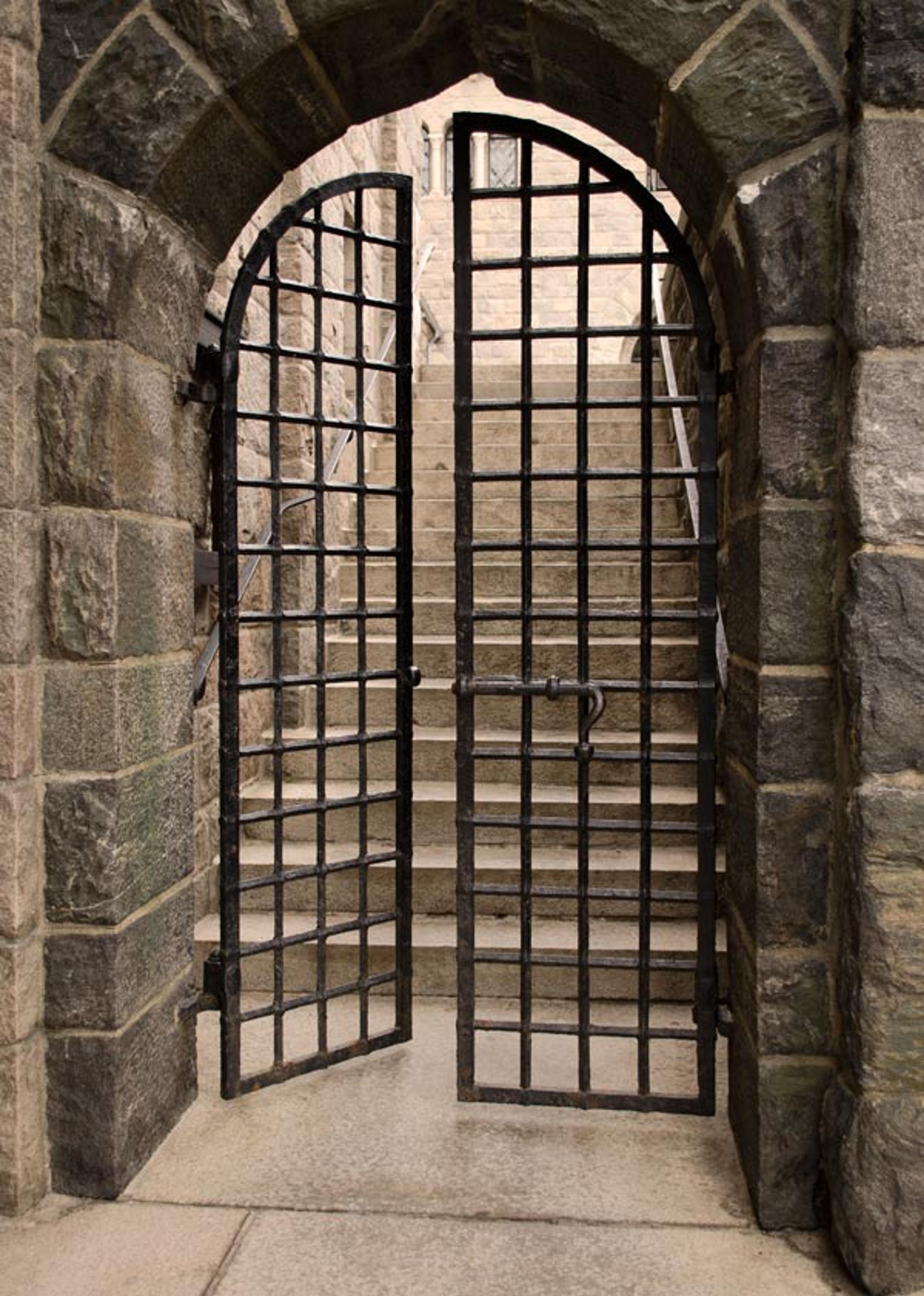 Gate at the bottom of the Froville Arcade entrance to The Cloisters