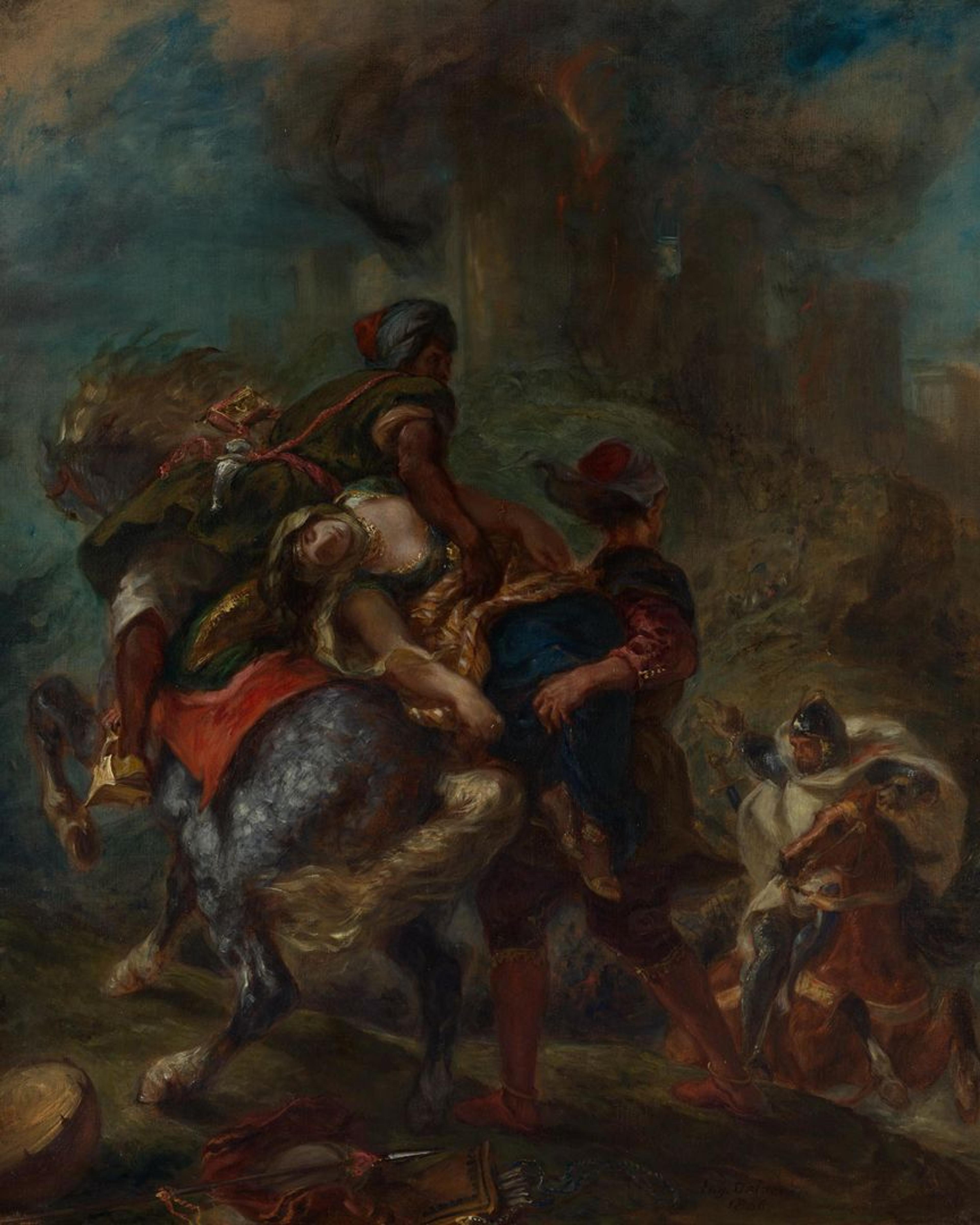 A monumental oil painting by Eugène Delacroix depicting the biblical tale of the Abduction of Rebecca