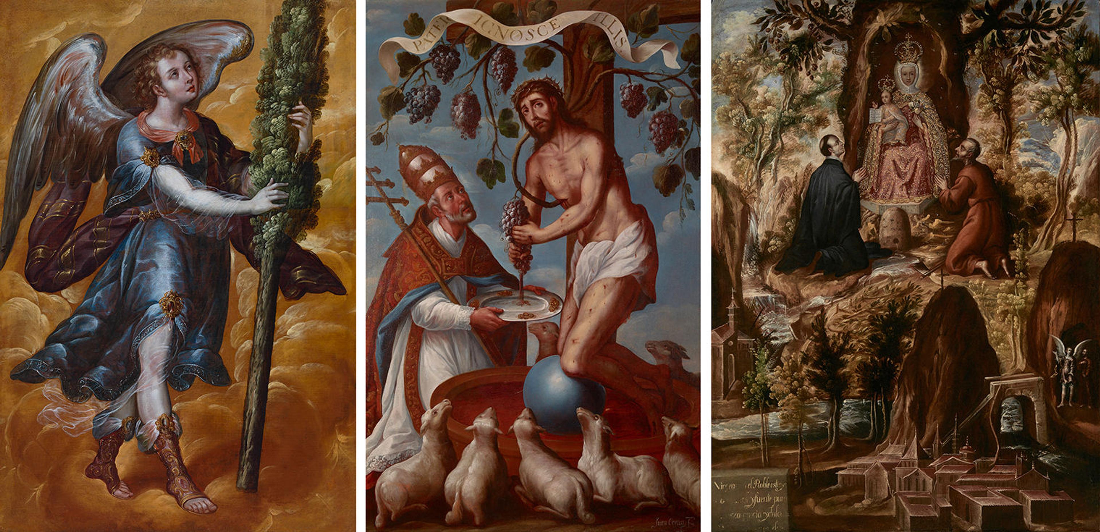 Triptych of paintings by Juan Correa. At left, a winged angel holding a cypress. At center, Jesus Christ tethered to a tree by a vine growing through his chest. At right, a split scene of figures worshipping a statue of the Virgin Mary, with a birds-eye view of a monastery beneath.