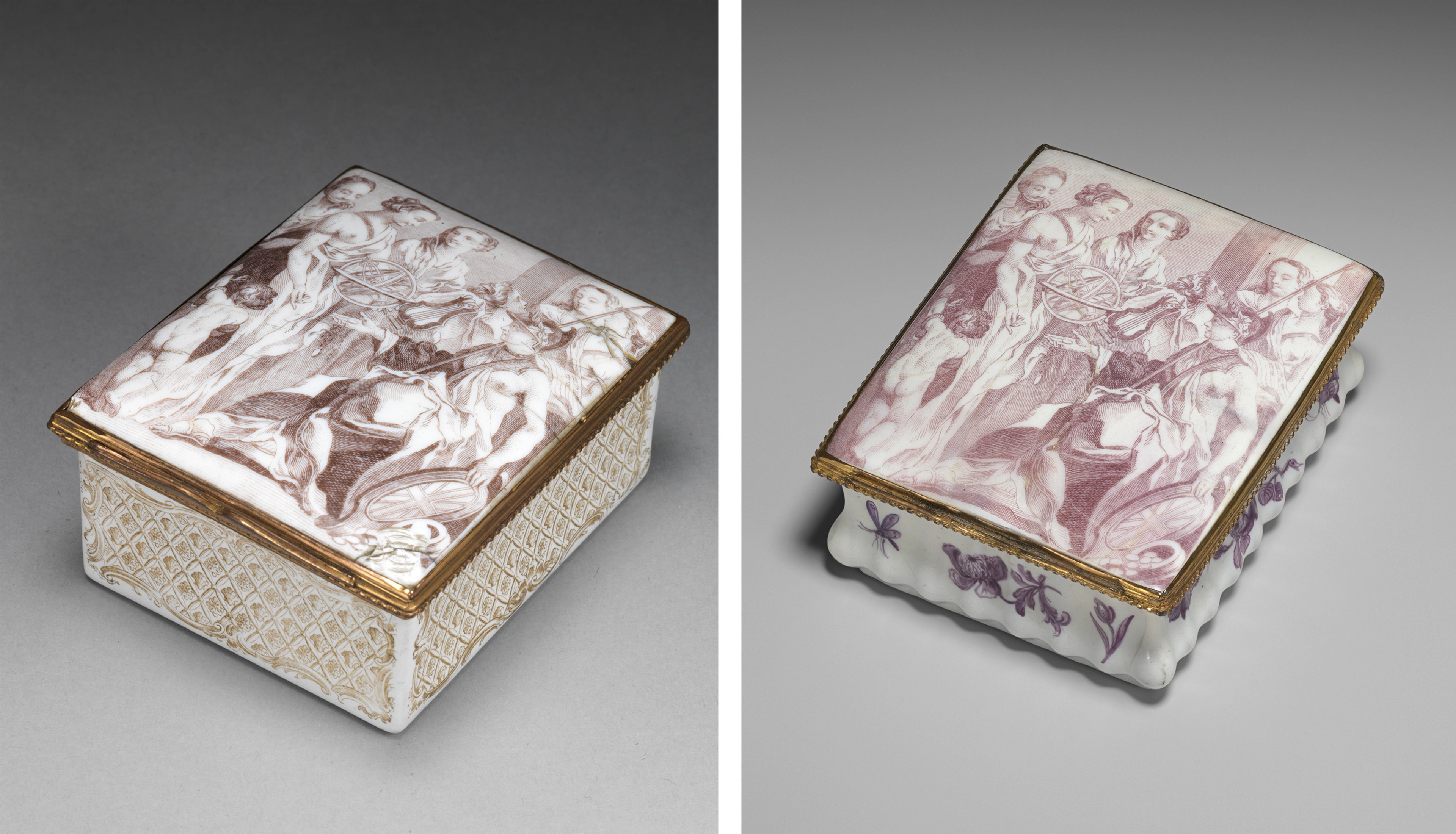 Two delicate snuffboxes. The lids are nearly identical, showing a figure bestowing coins amidst an audience of scientists.