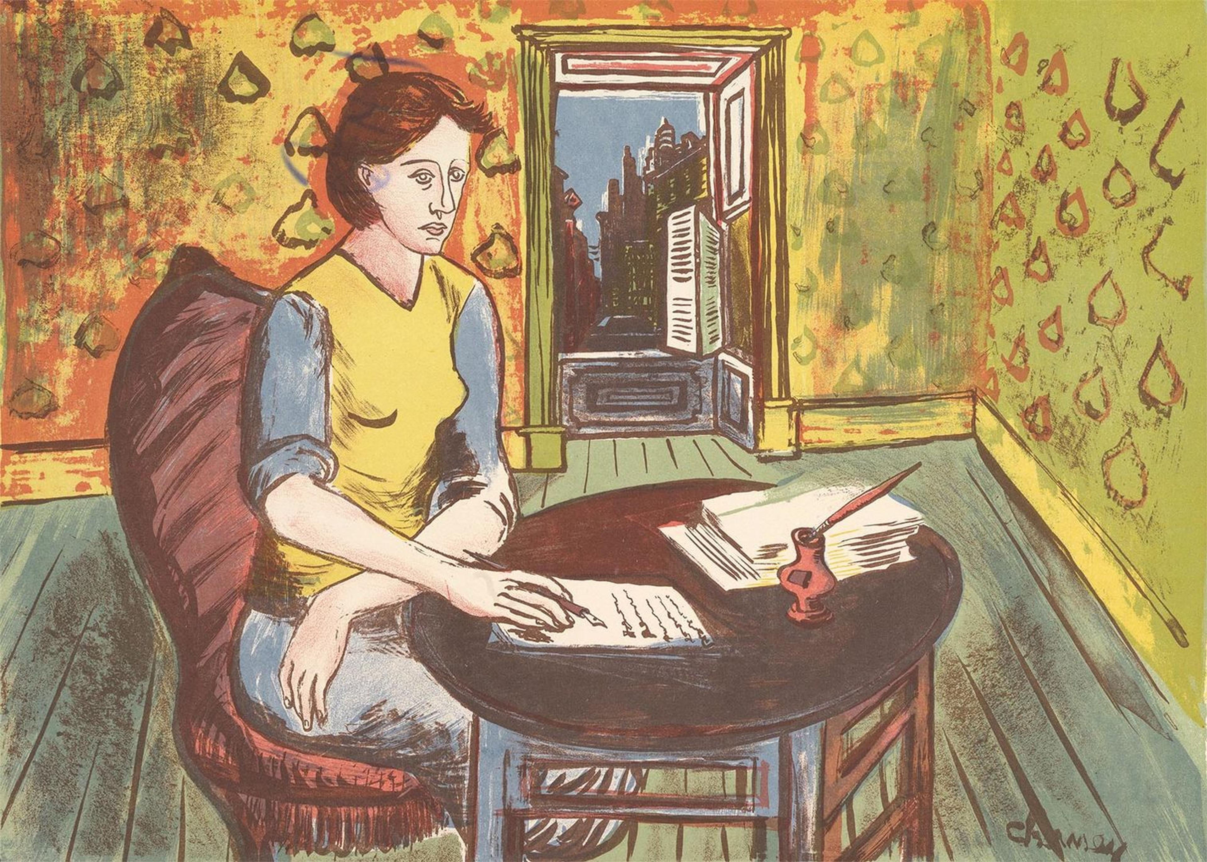A painting of a woman seated at a writing table
