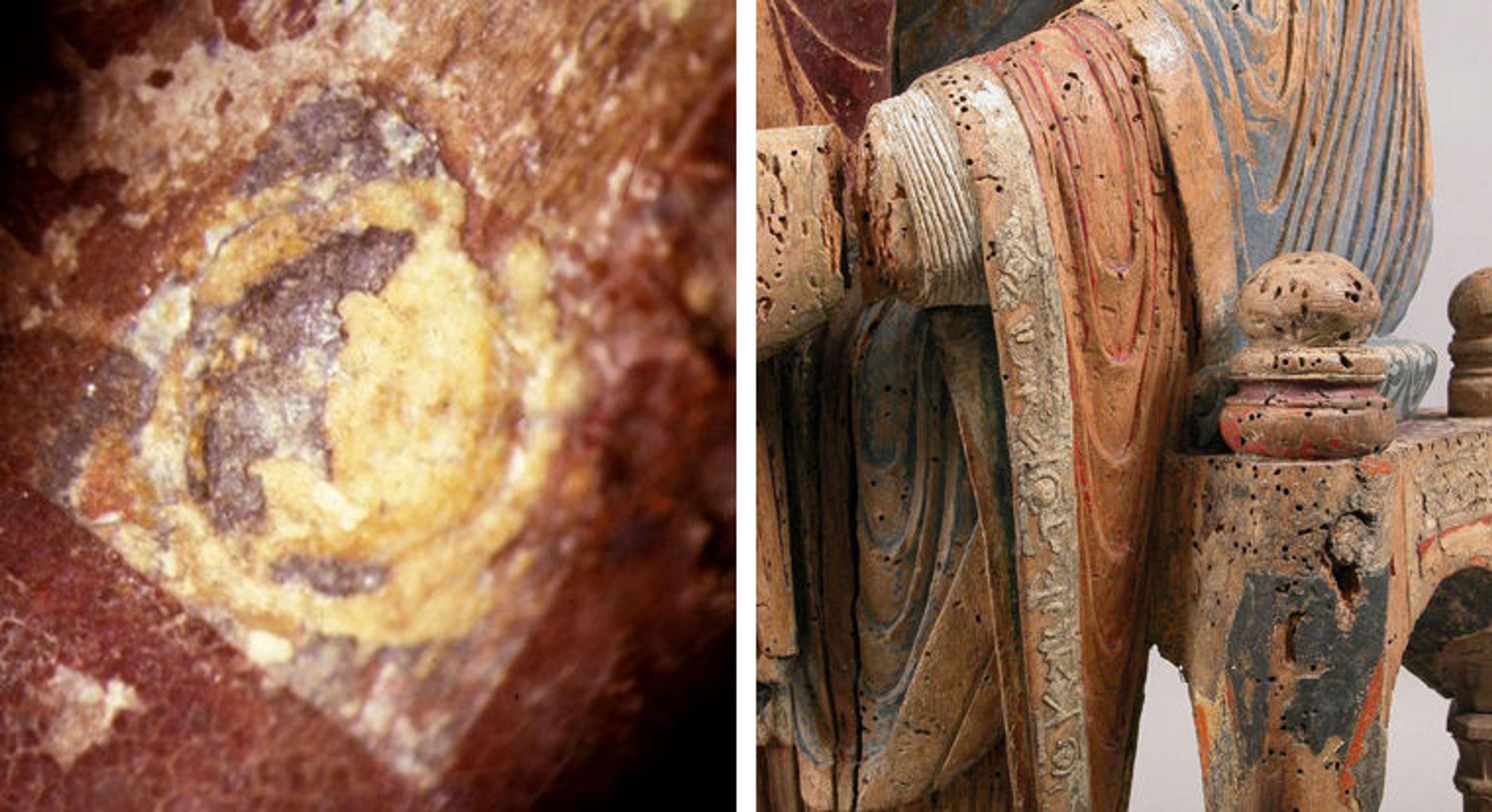 Left: X-ray view of the polychrome paint on a twelfth-century sculpture of the Virgin and Child. Right: Detail view of the left arm and throne of the same sculpture
