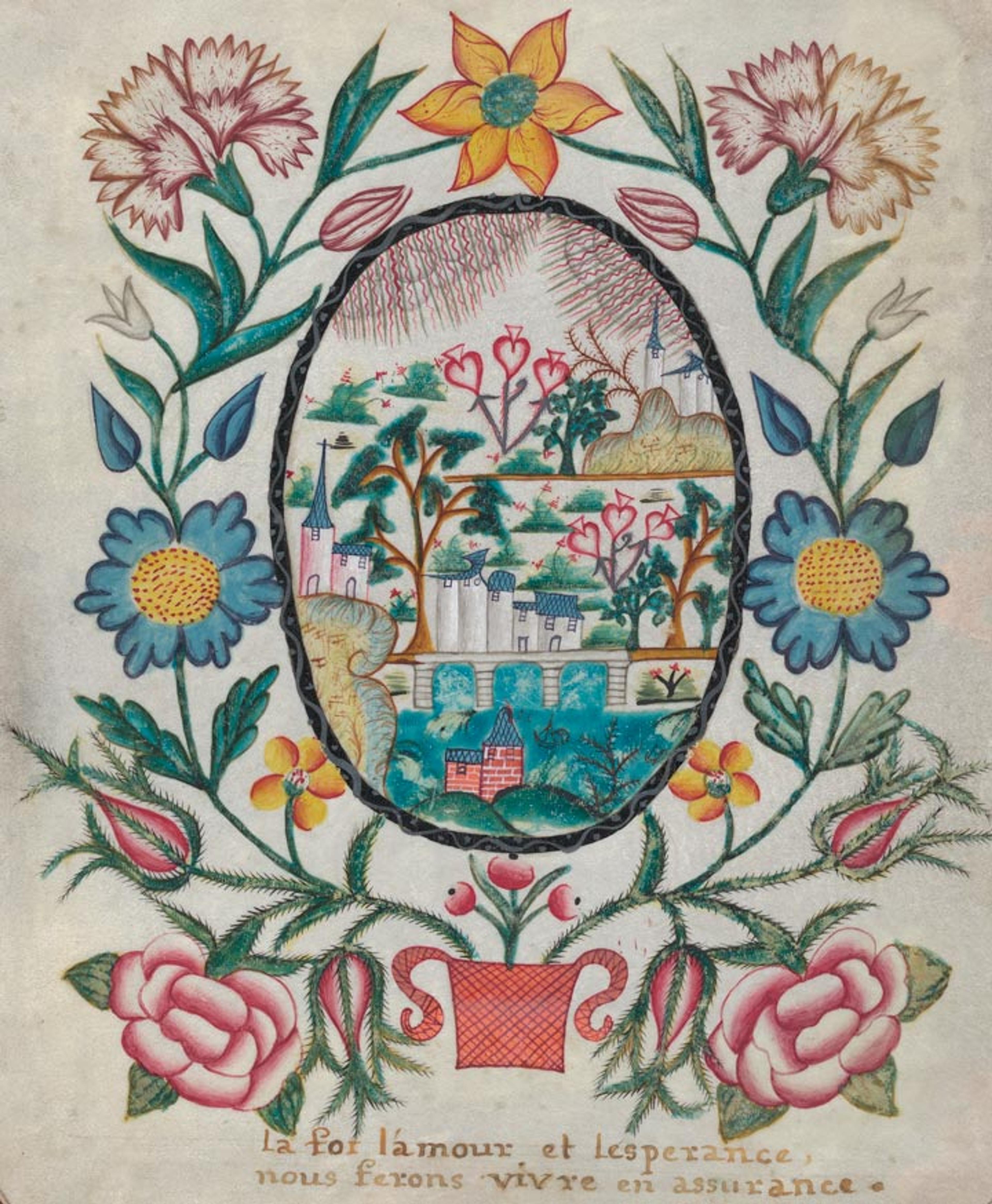 An 18th-century French valentine featuring a floral motif and a scene depicting a village landscape