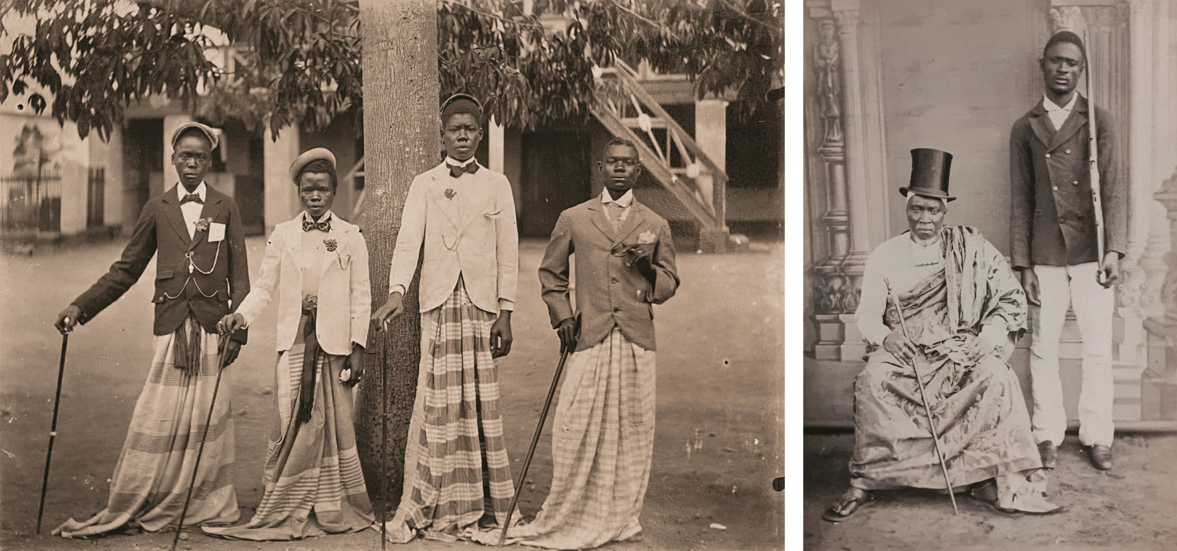 Two black-and-white photographs. At left, four young men pose in fine suit jackets with flowing, patterned fabric wrapped around their legs. At right, an older man sits while wearing traditional dress and a top hate. A younger man standing behind him wears a suit.