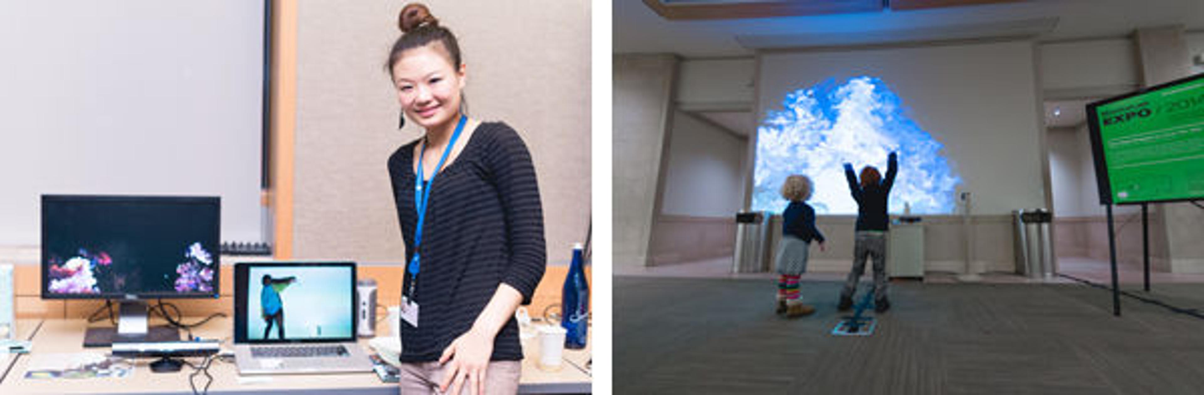 QiuYi Wu and The Flow Project. Right: Young visitors play with The Flow Project in Carson Family Hall