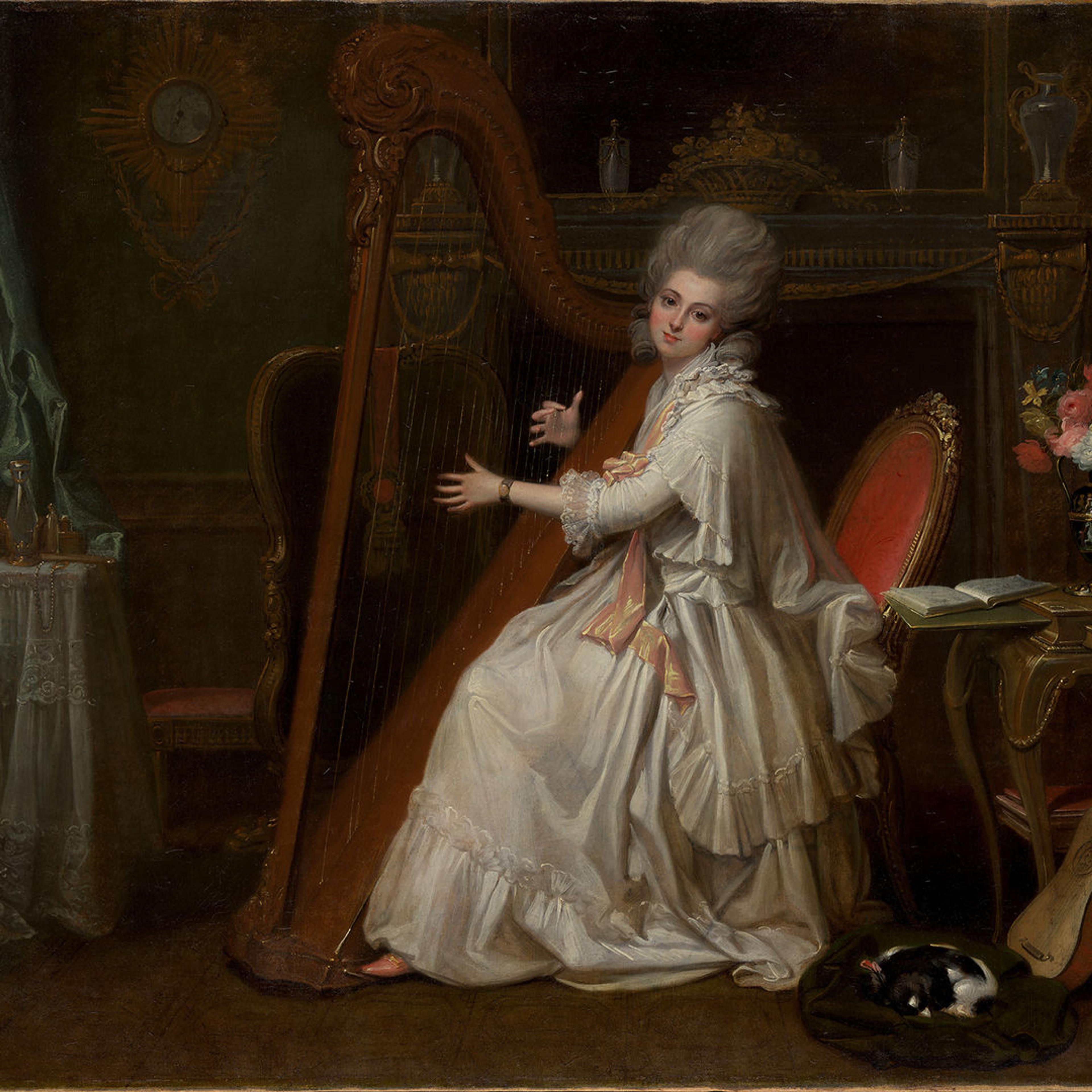 Painting of a woman in a white dress playing the harp while a lapdog sleeps at her feet in an adorned dressing room