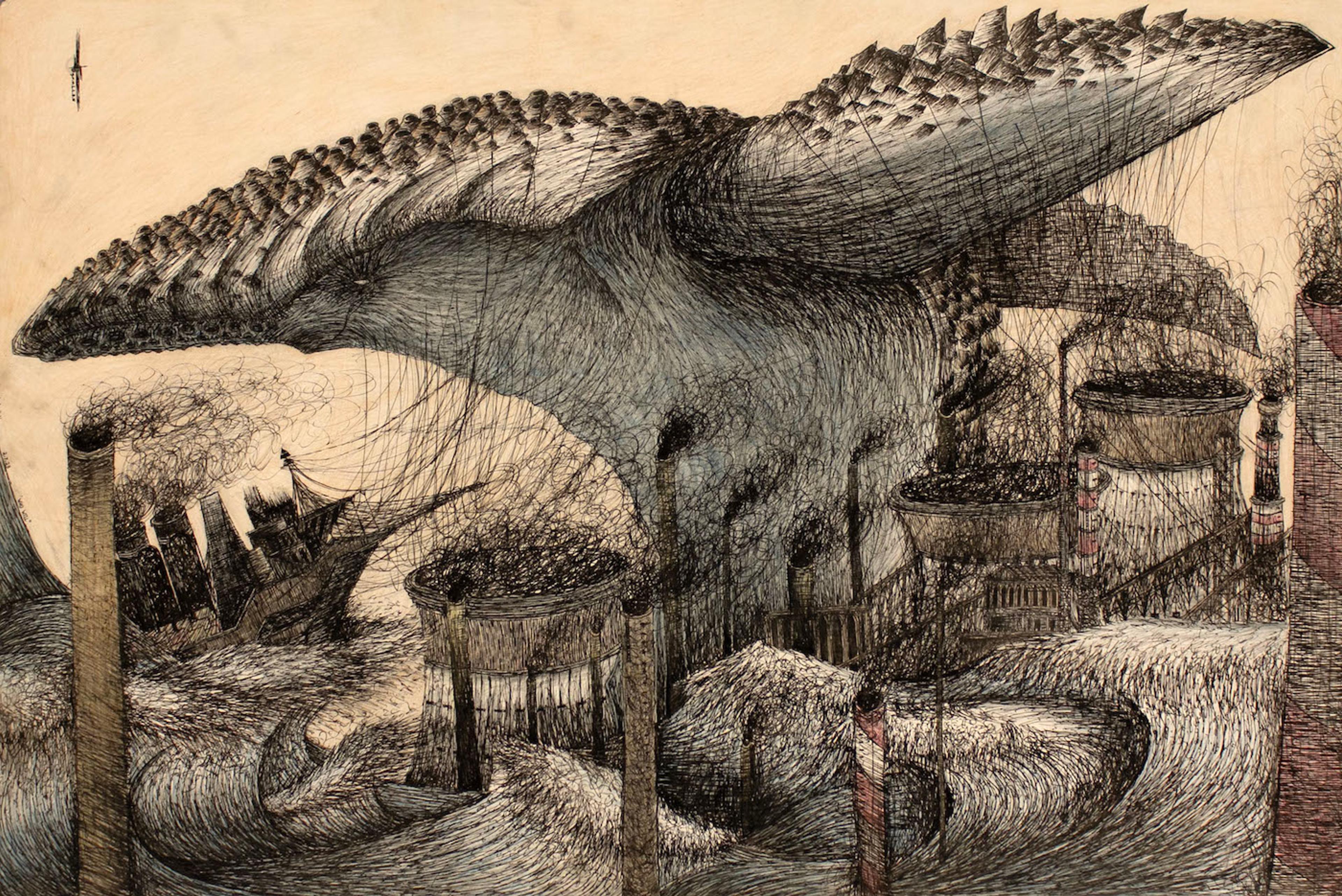 Pen and ink and colored pencil illustration in muted gray and beige tones of a massive leviathan whale rising out of roiling watery waves. At left is a clipper ship, which appear miniscule compared to the whale. Several cooling towers and smoke stacks from a nuclear power plant rise up from the waves, but these too appear very small next to the massive whale.