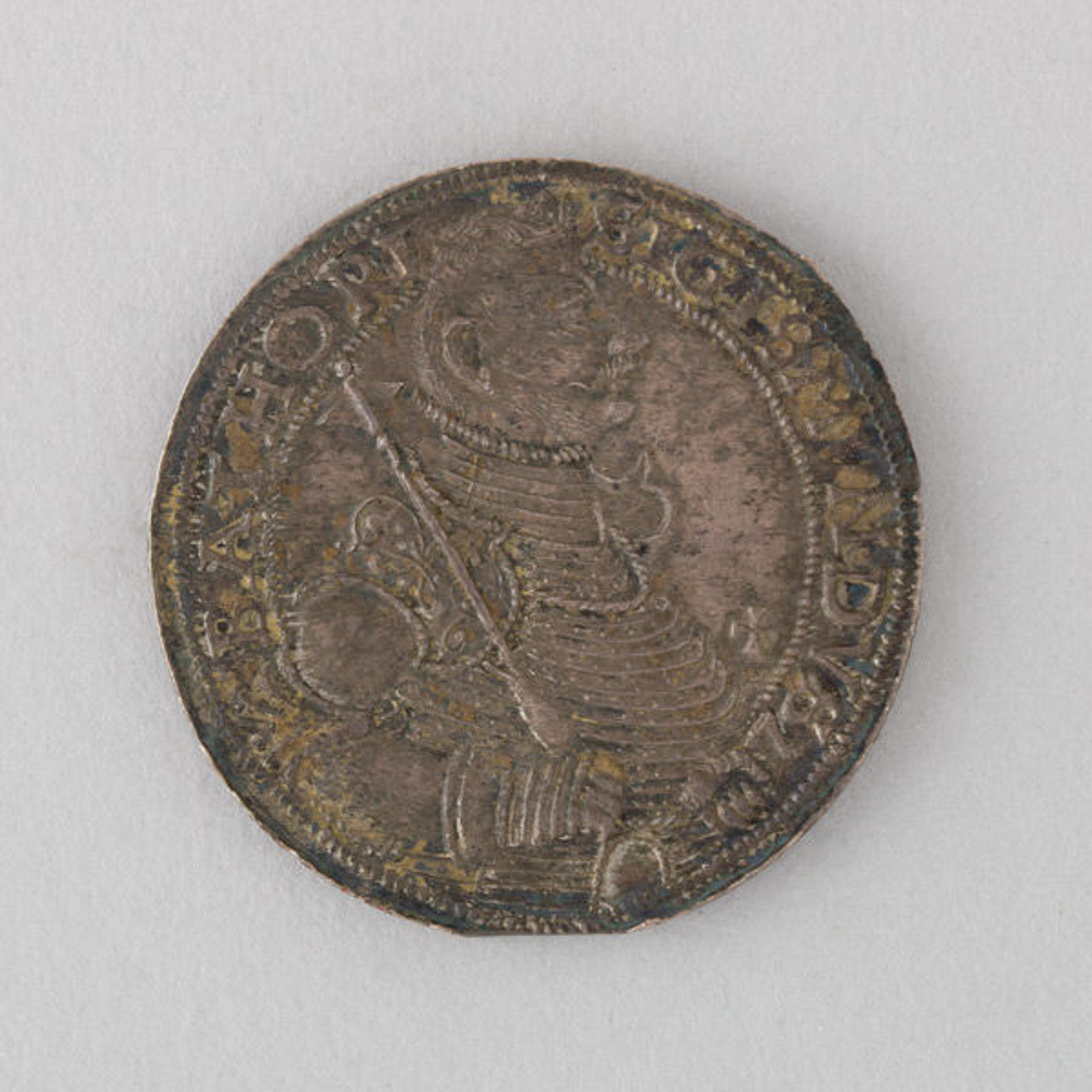 Coin (Thaler) Showing Prince Sigismund Báthori, 1593. Probably Hungarian. Silver; Diam. 1 5/8 in. (4.1 cm); thickness 1/8 in. (0.3 cm); Wt. 1.1 oz. (31.2 g). The Metropolitan Museum of Art, New York, Gift of Bashford Dean, 1922 (22.122.15)