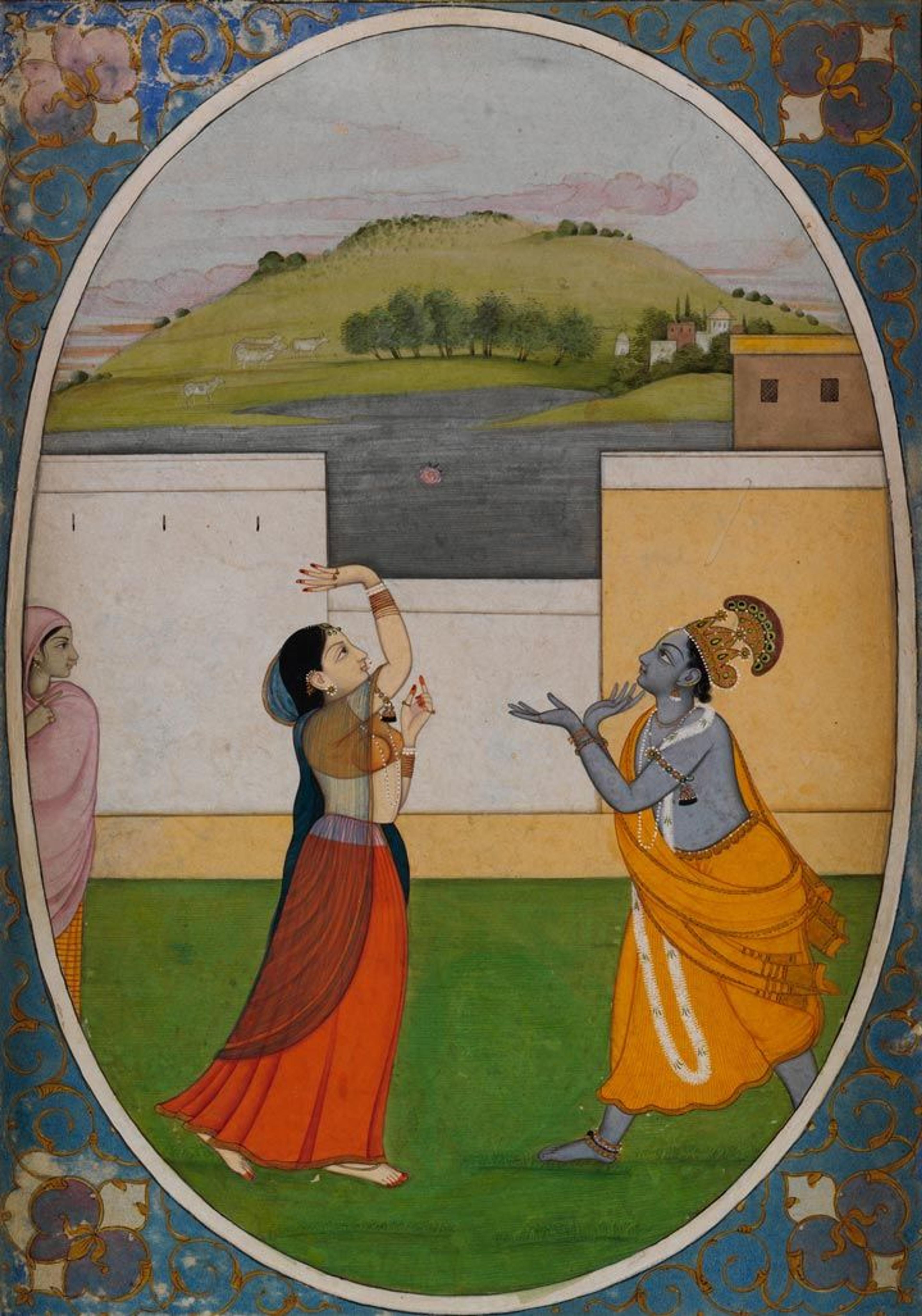 An 18th-century Indian painting depicting two deities, Krishna and Radha, tossing a flower to each other