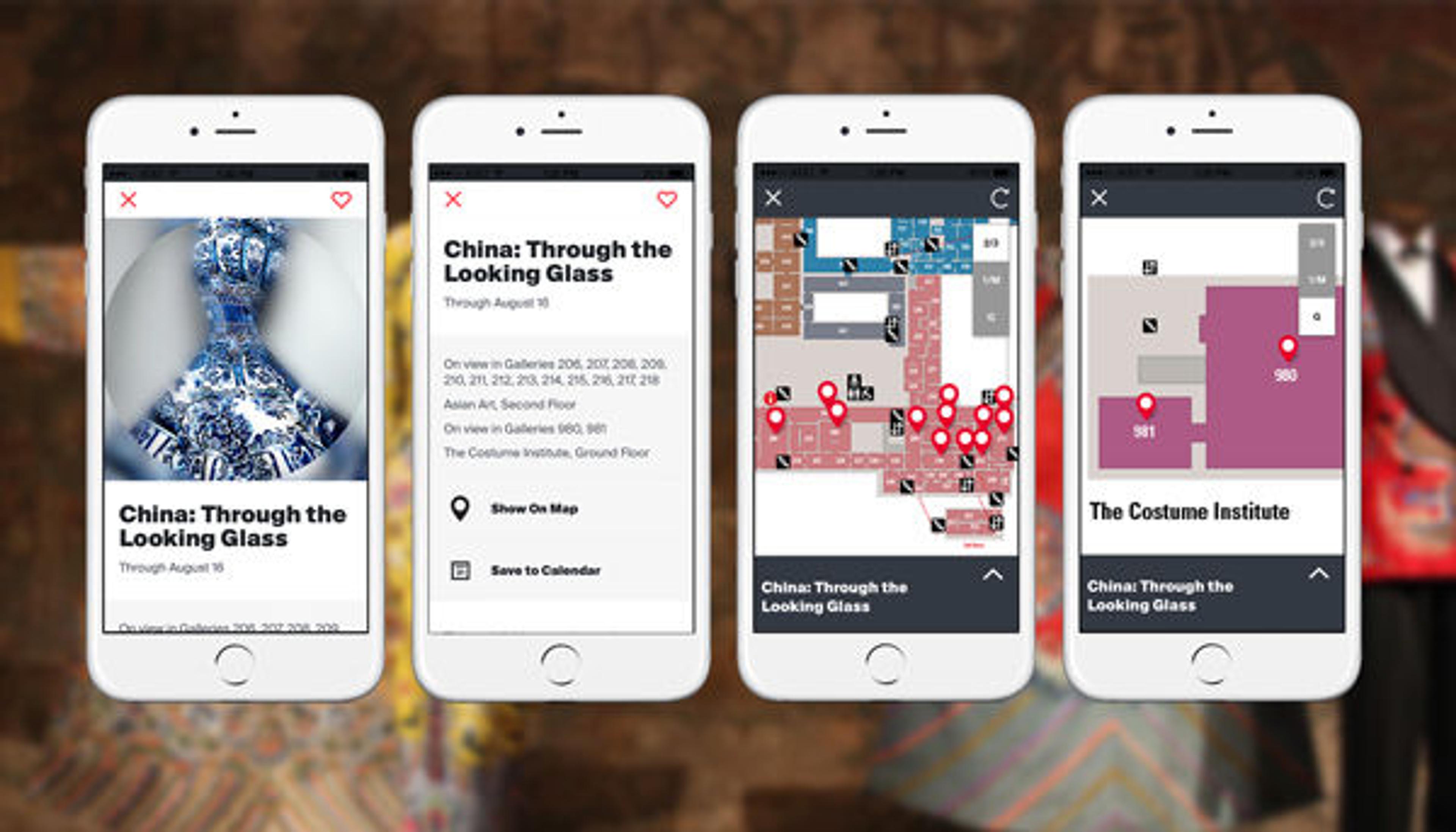 Screenshots from the Met app showing a listing for the current exhibition China: Through the Looking Glass and the map feature