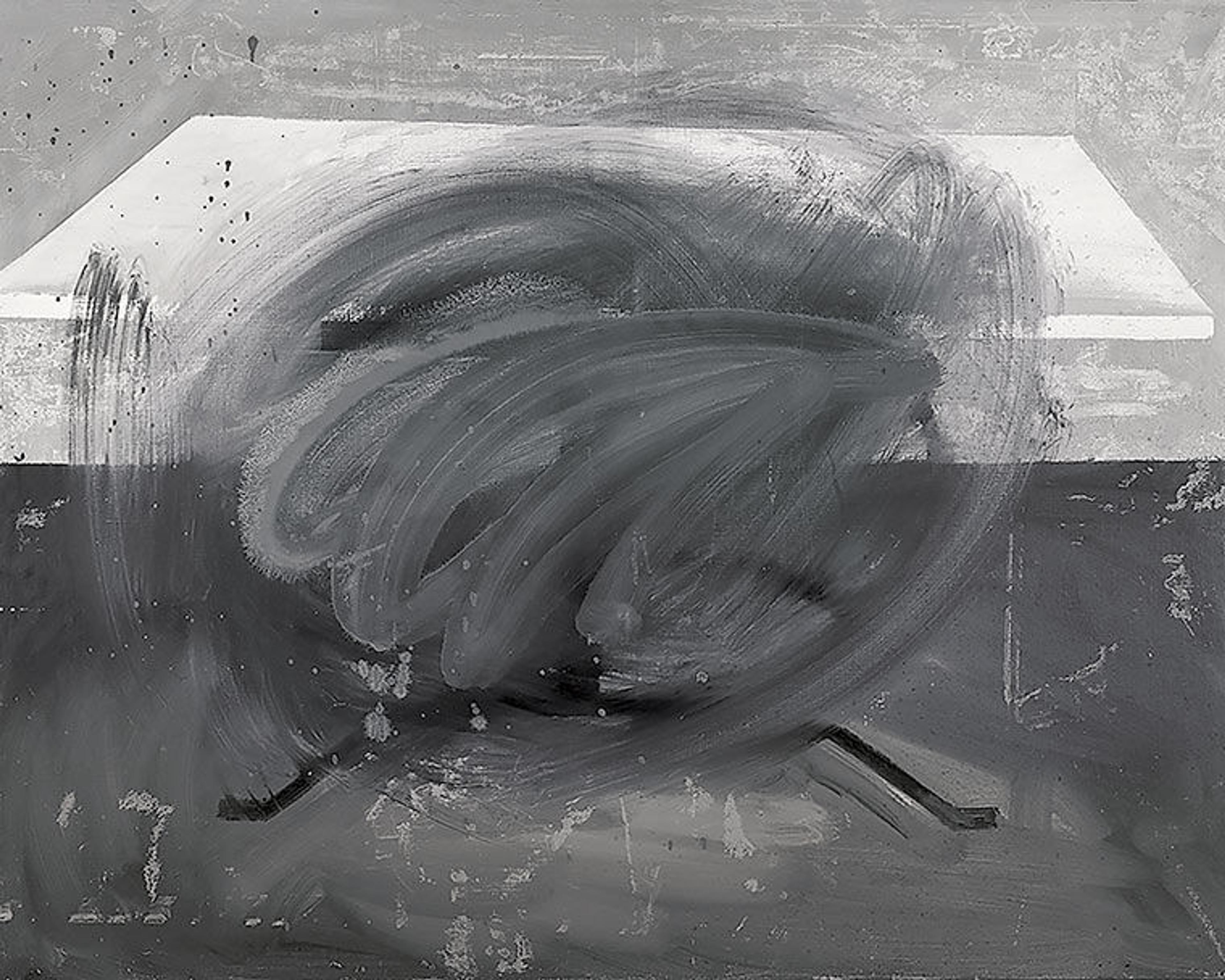 An abstract oil painting of a table in black and white.