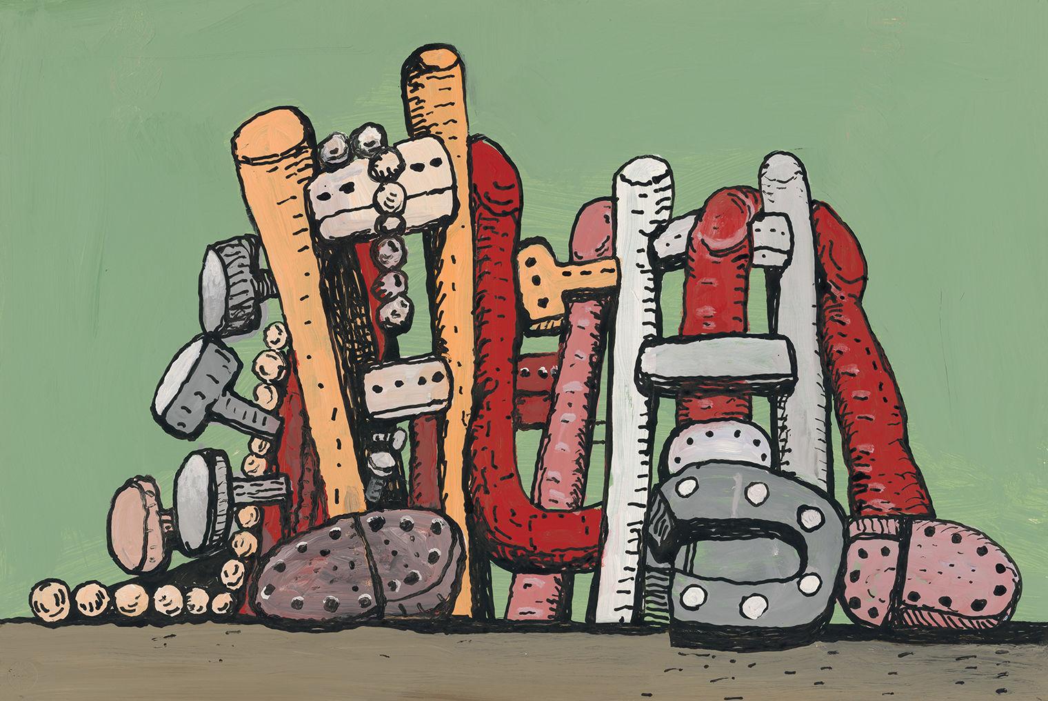 A clump of things resembling legs and feet against a green background rendered in Phillip Guston's late style.