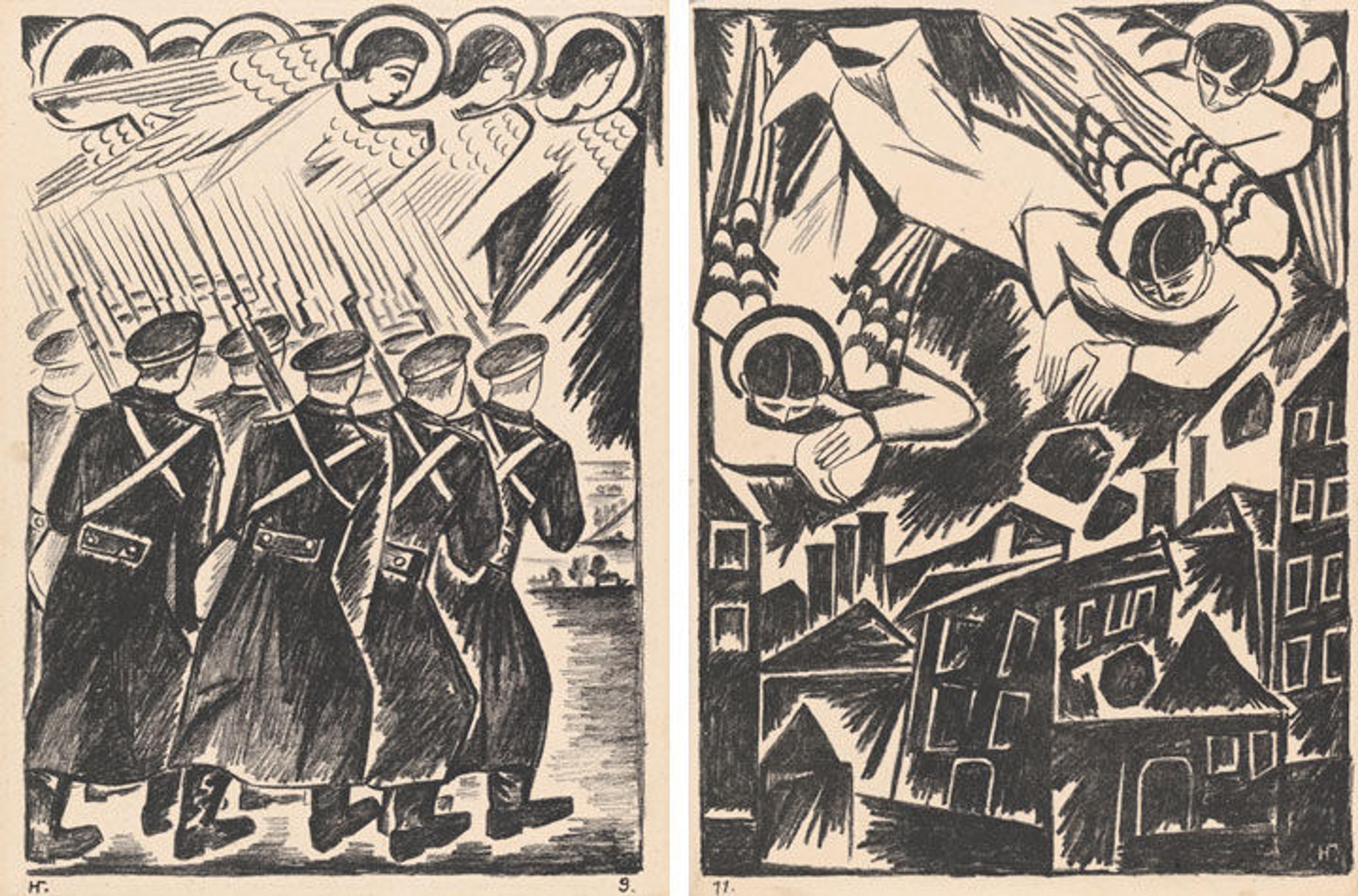 Two works by Natalia Goncharova. On the left, 'Christian Host,' showing a troop of soldiers being led by angels in the sky; on the right, 'Doomed City,' showing a group of angels hurling boulders on a city