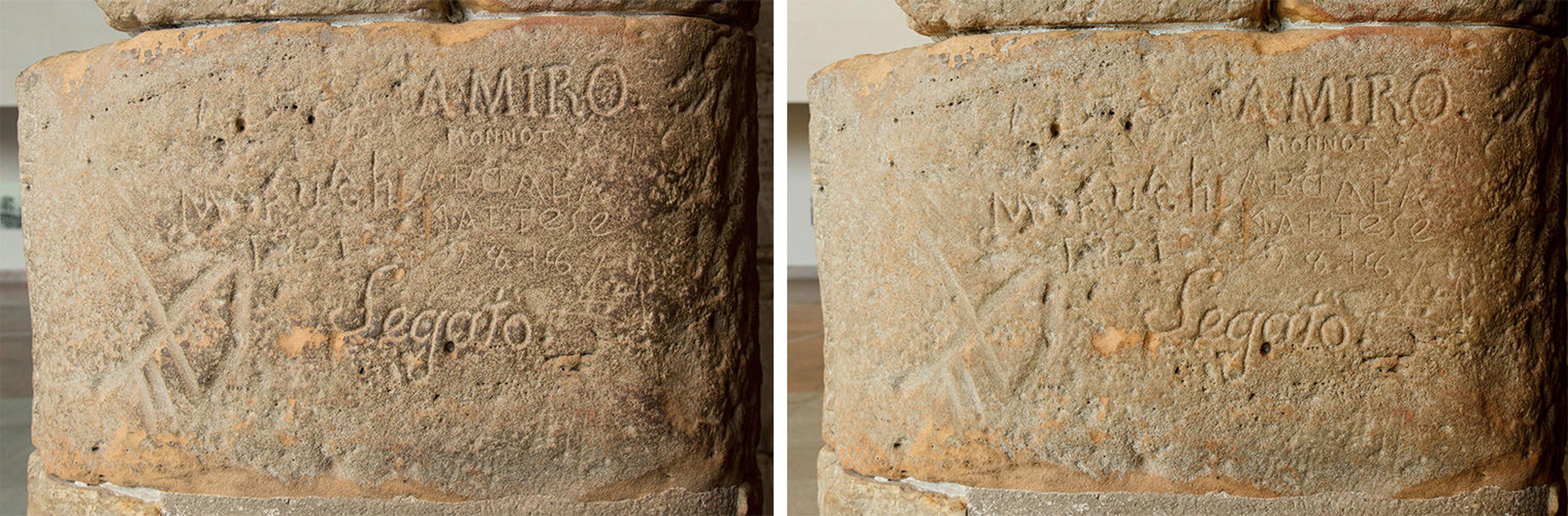 Doorway block with nineteenth-century graffiti, before and after cleaning