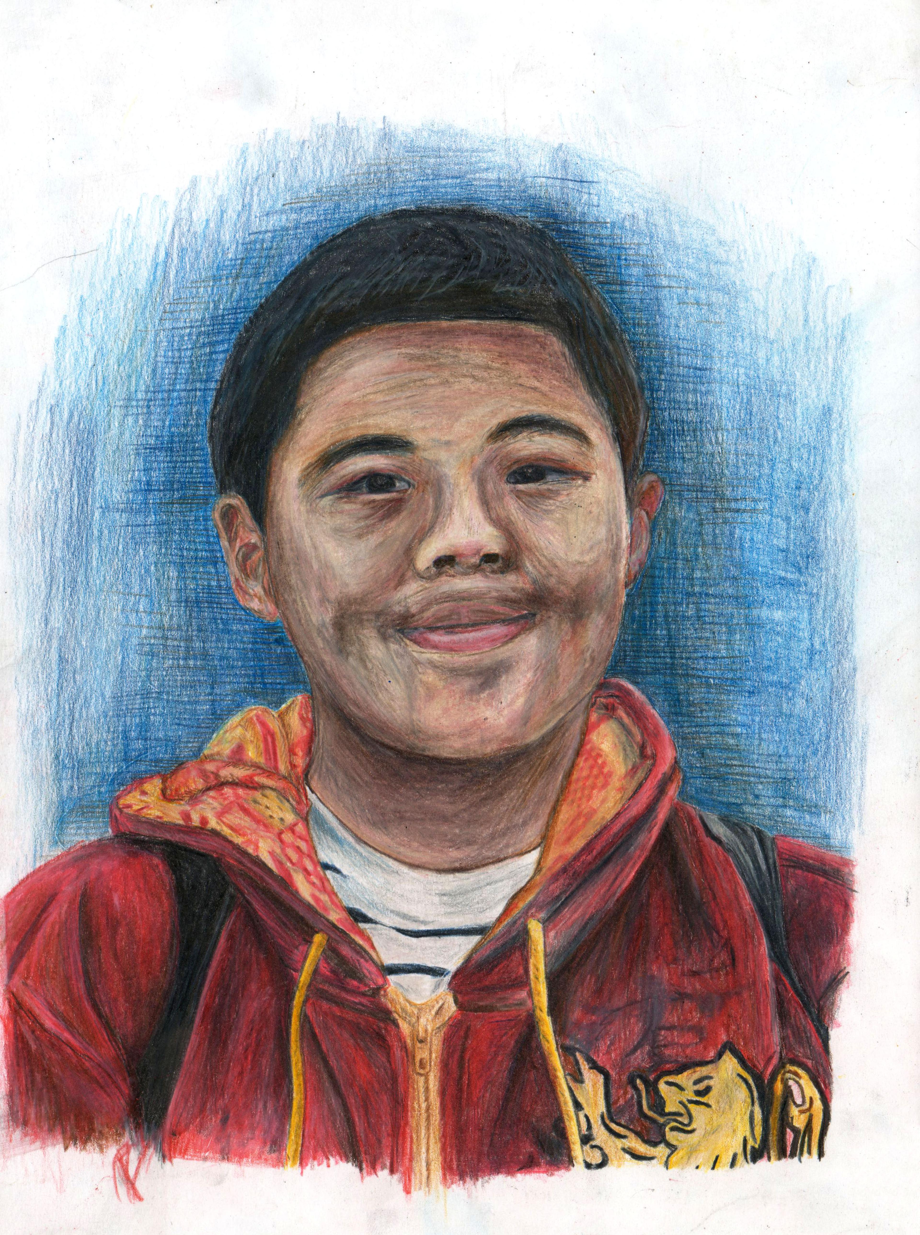 Color pencil self-portrait of an adolescent boy with light brown skin. He is smiling and facing the viewer. He has short black hair and wears a red jacket with a lowered hood and a yellow heraldic lion emblem on the left side of his chest. The background is a blue crosshatched vignette that fades to white.