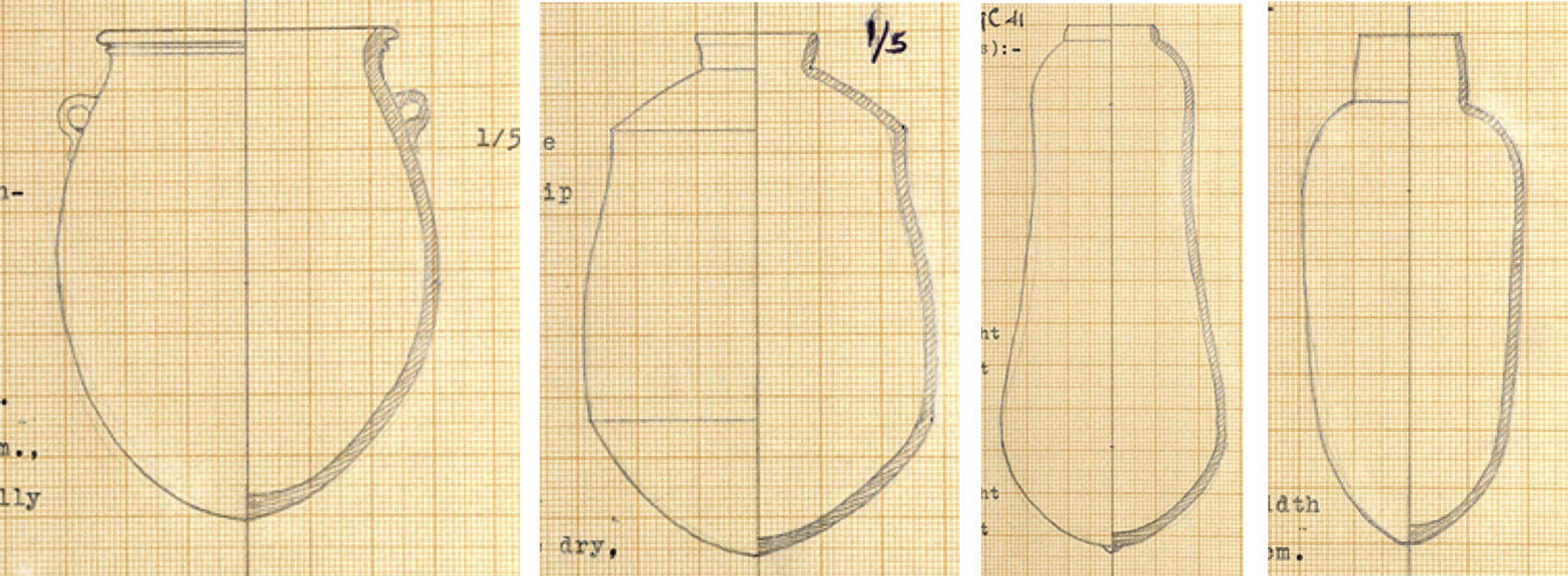 Pencil drawings of four pottery jars, on grid paper in yellow and red
