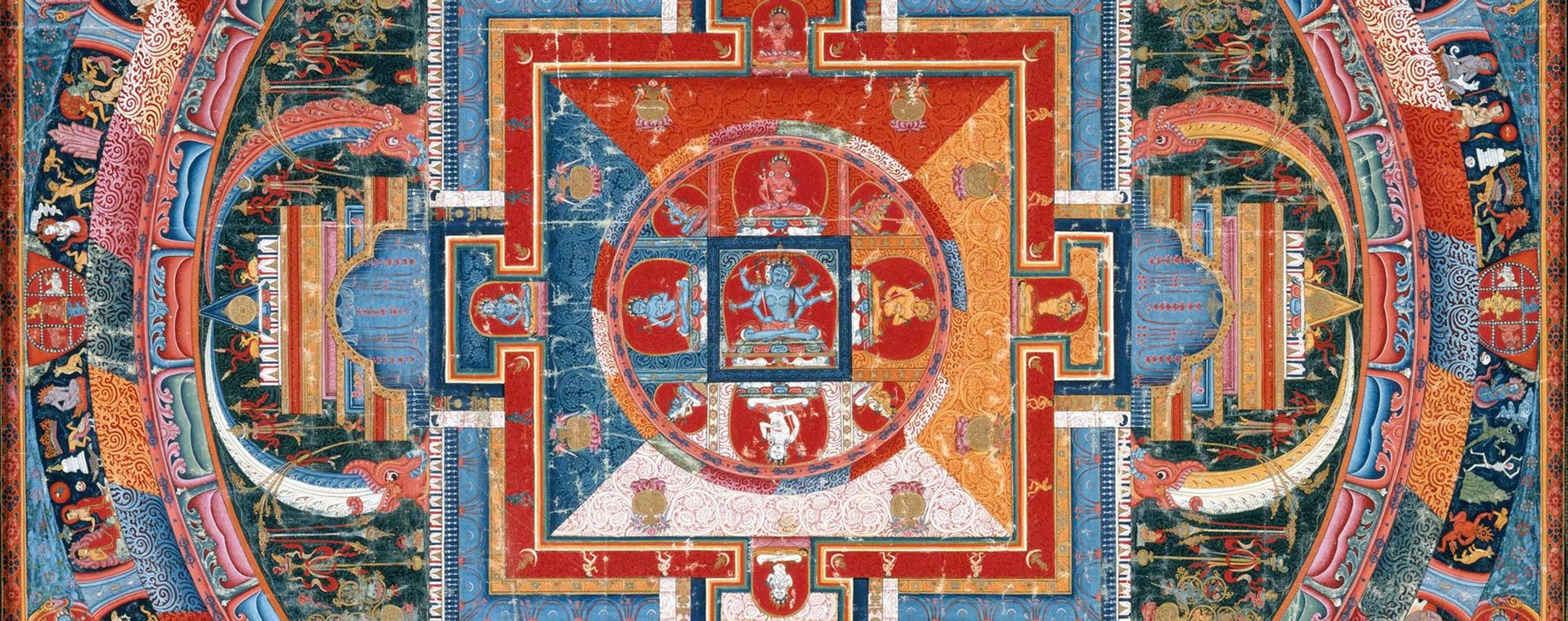 Detail of a buddhist mandala, featuring a many-limbed blue deity at the center and surrounded by other dancing figures in a circular pattern.