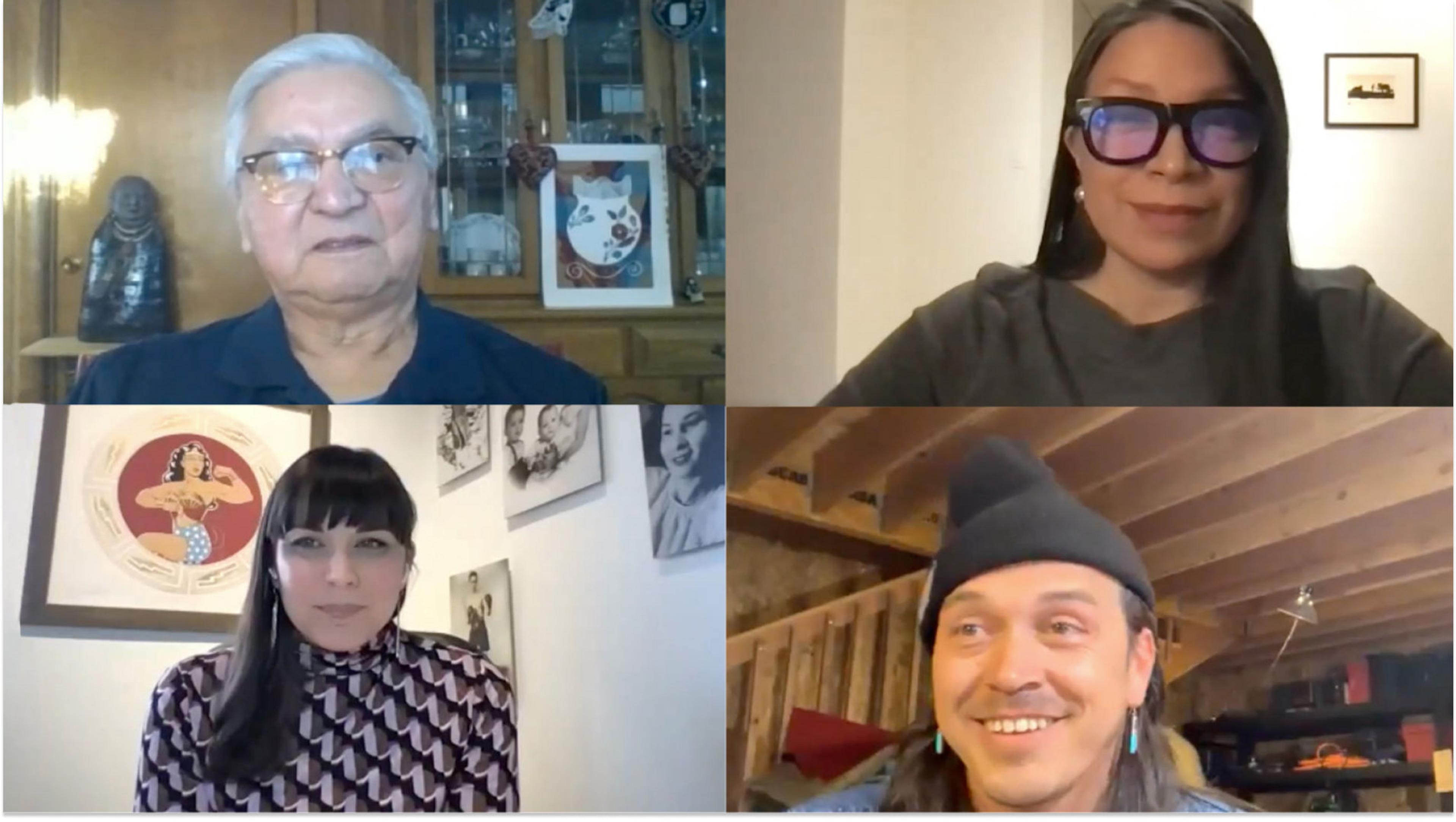 The screen depicts four people on a video call with each other.
