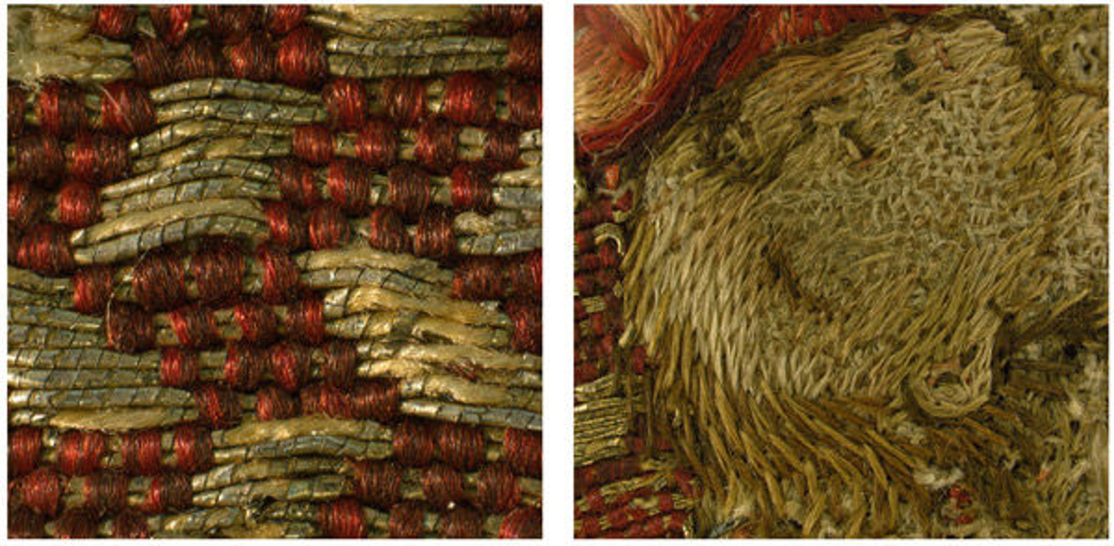 Fig.8 a, b. Detail of the damaged gilt–silver metal strip (left), and of the facial features embroidered with silk (magnified 1x) from Saint Martin Brings a Dead Man to Life (1975.1.1906) (right)