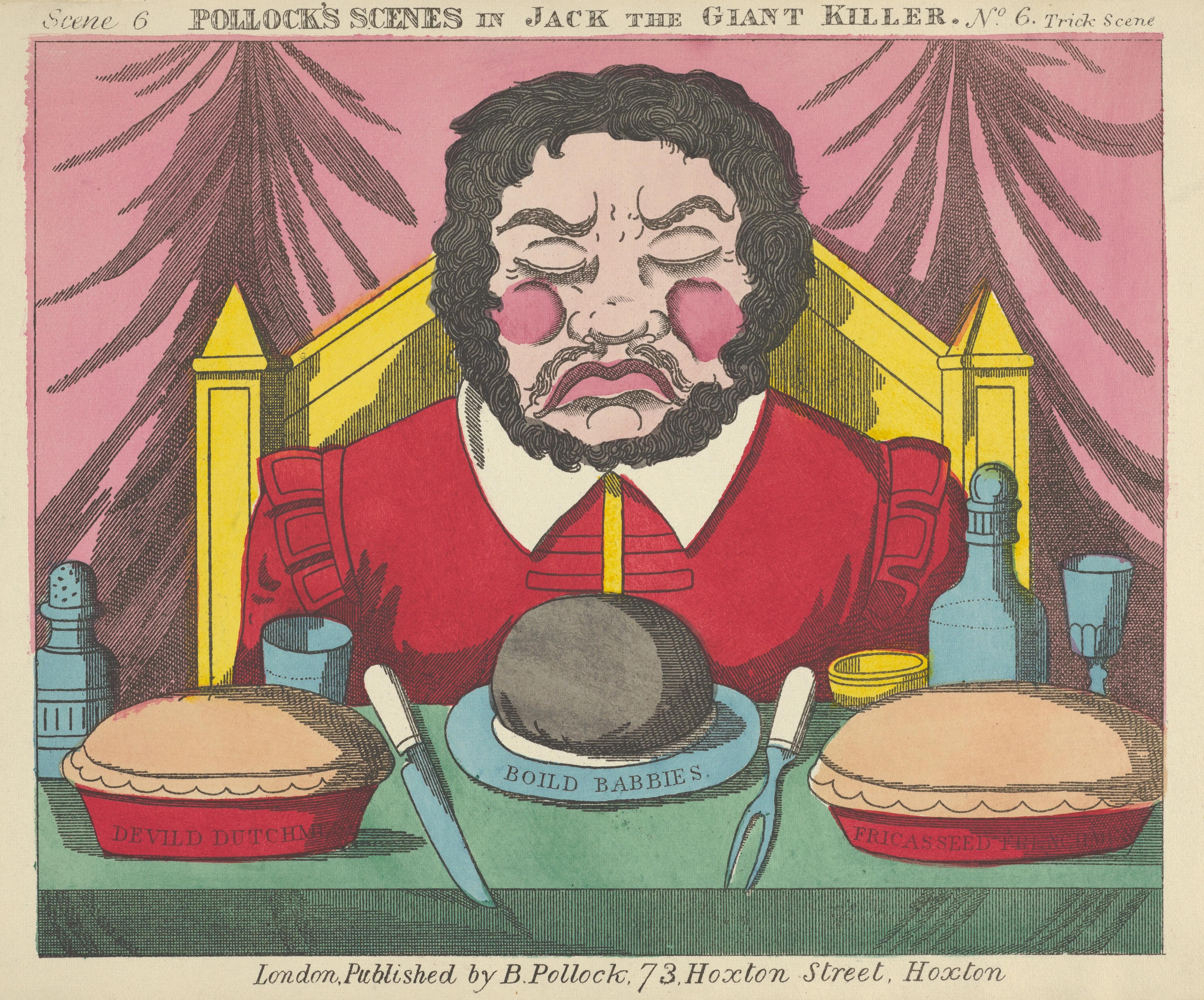 Colorful print showing a man seating at a table, his frowning face and red cheeks cartoonishly exaggerated. On the table are utensils, two pies, and a gray, round lump labeled "boild babbies"