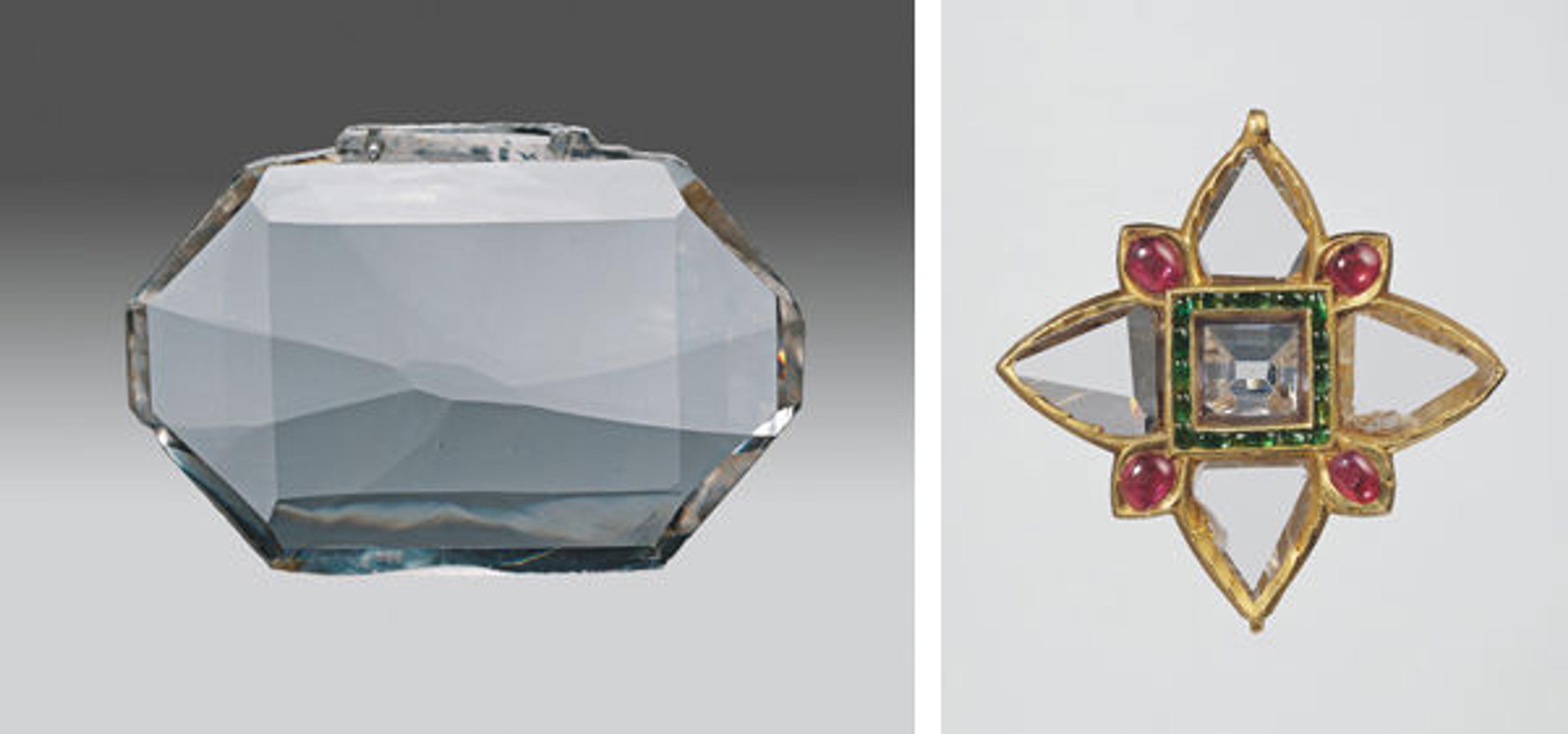 Left: Shah Jahan diamond, 17th century. Islamic. 56.72 carats. The al-Sabah Collection, Dar al-Athar al-Islamiyyah, Kuwait. Right: Quatrefoil pendant, first quarter 17th century. Islamic. Fabricated from gold; worked in kundan technique and set with diamonds, rubies and emeralds. The al-Sabah Collection, Dar al-Athar al-Islamiyyah, Kuwait