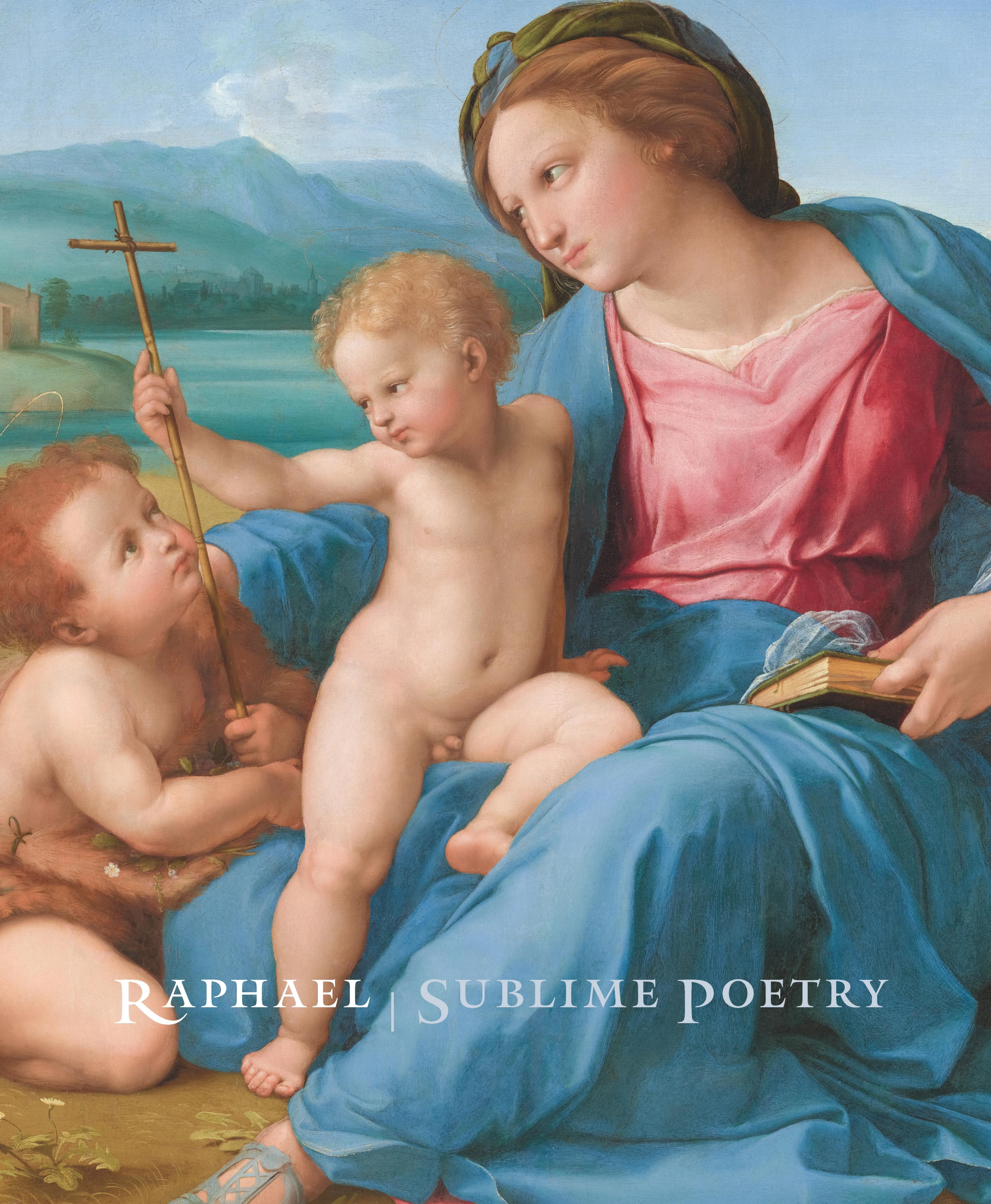 A seated woman in a blue mantle and red dress holds a small book, accompanied by two young children, one child on her lap touches a small cross staff held by the other child, with a serene landscape with mountains and a lake in the background.