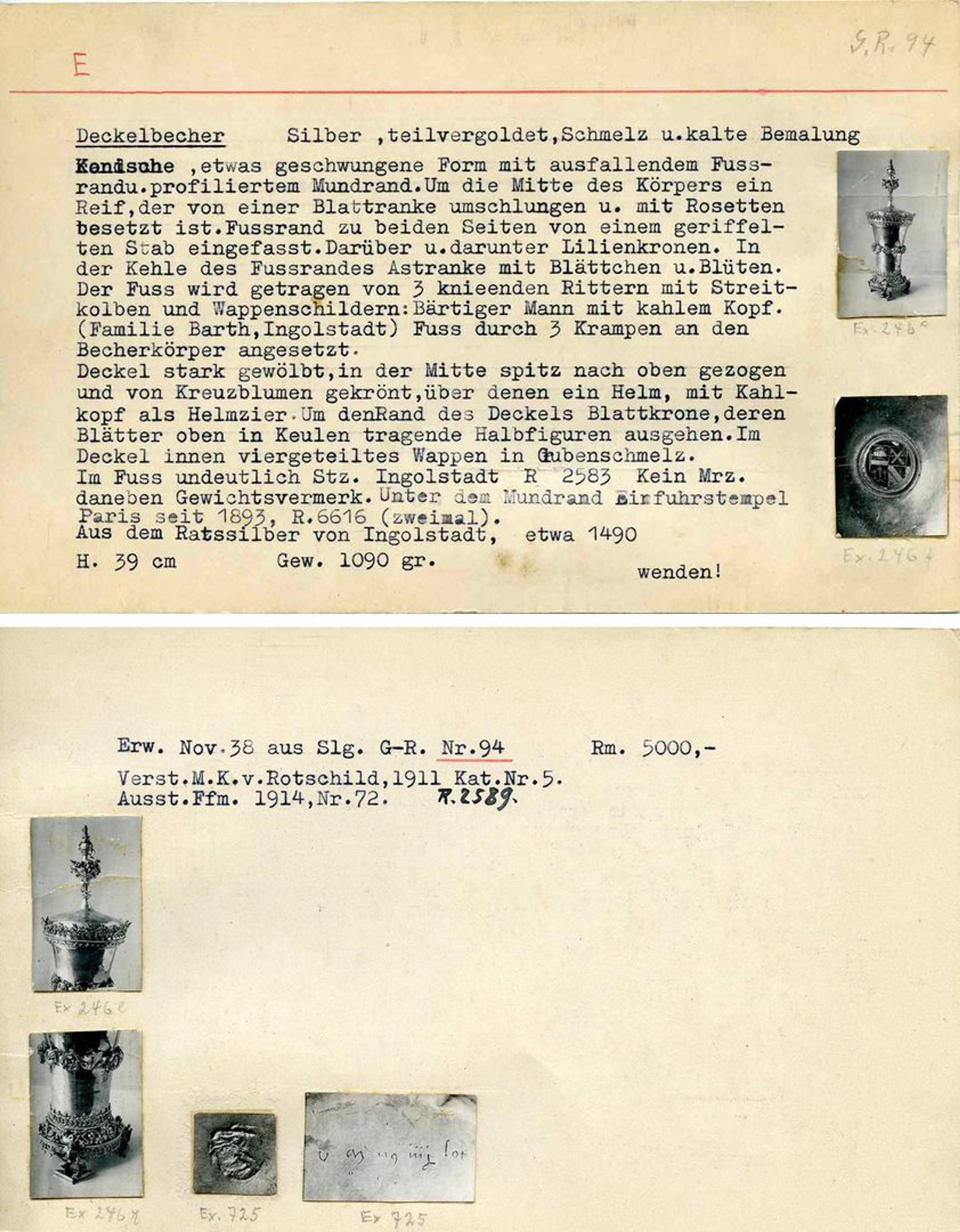 Front and back of an index card with typewriting on it. Small black-and-white photos of a medieval beaker are pasted on the card.