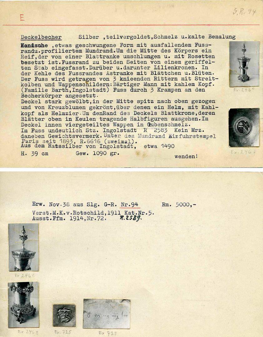 Front and back of an index card with typewriting on it. Small black-and-white photos of a medieval beaker are pasted on the card.