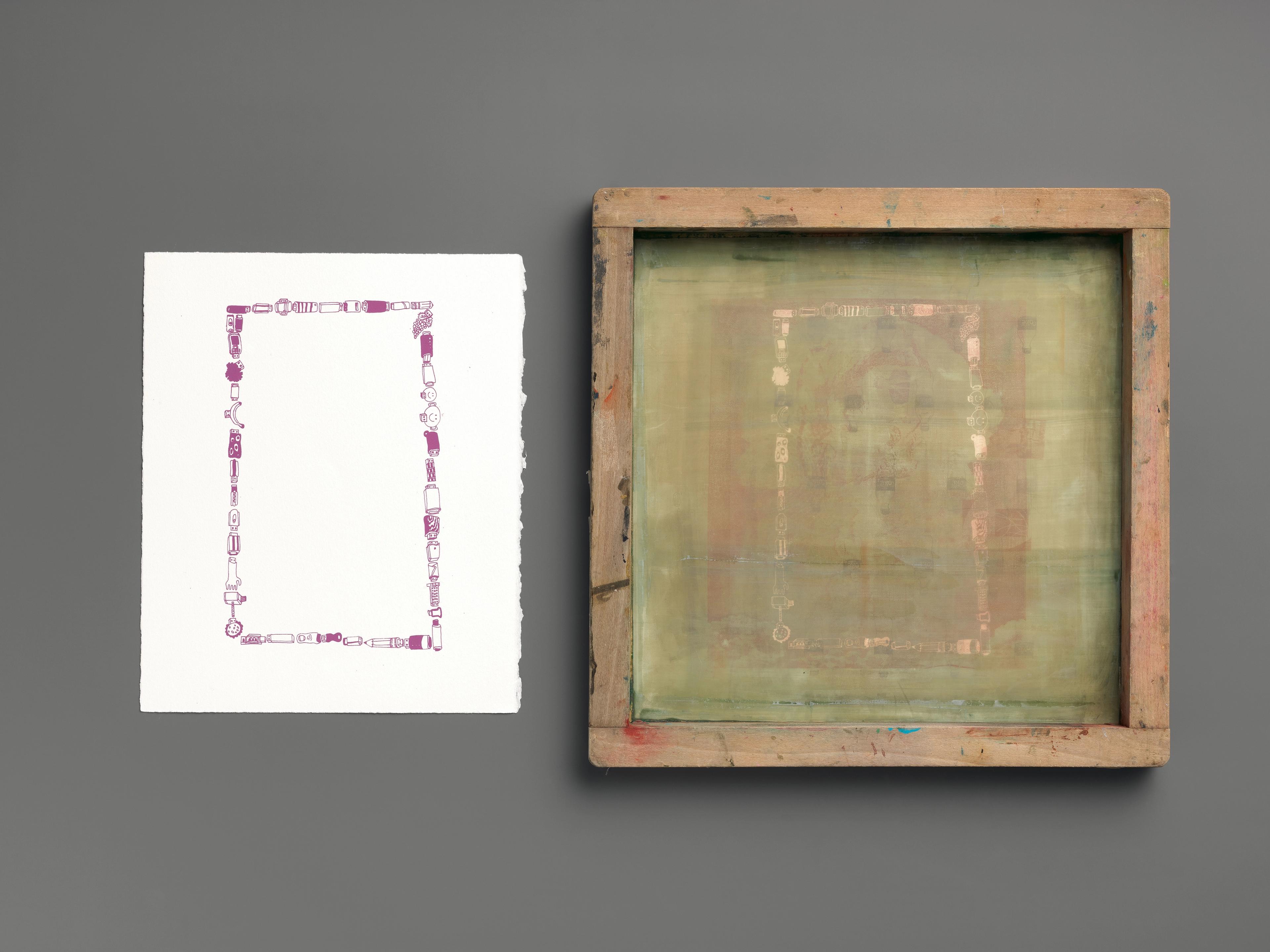 Photo of a finished screenprint next to its screen template.