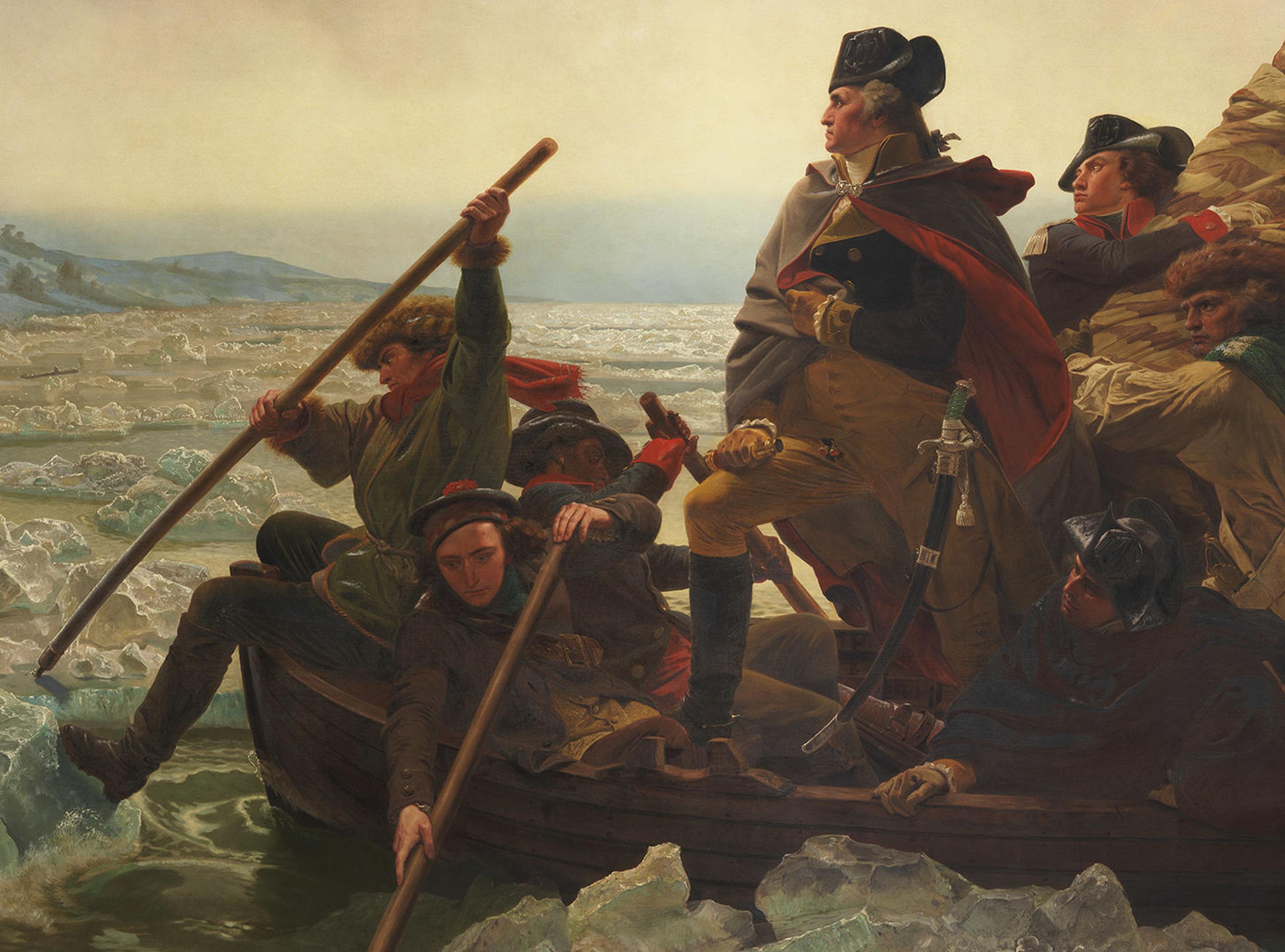 A closer view of the men in the boat in the painting Washington Crossing the Delaware. Prince Whipple, the black soldier wearing red cuff links, rows behind George Washington, who stands.