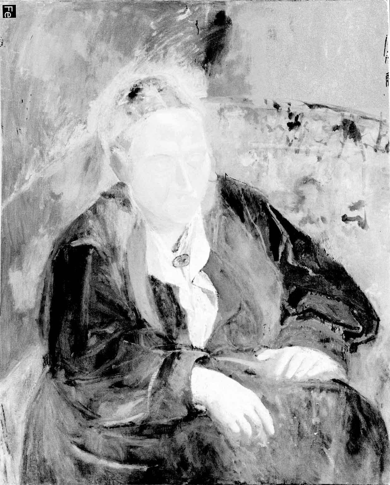 Black-and-white image of entire painting showing darker areas of coat
