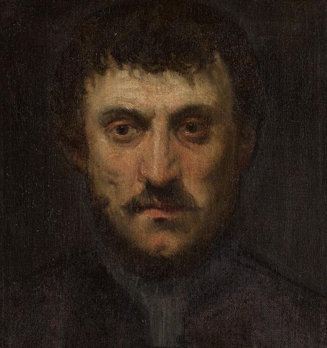 Self-portrait by Jacopo Tintoretto against a black background