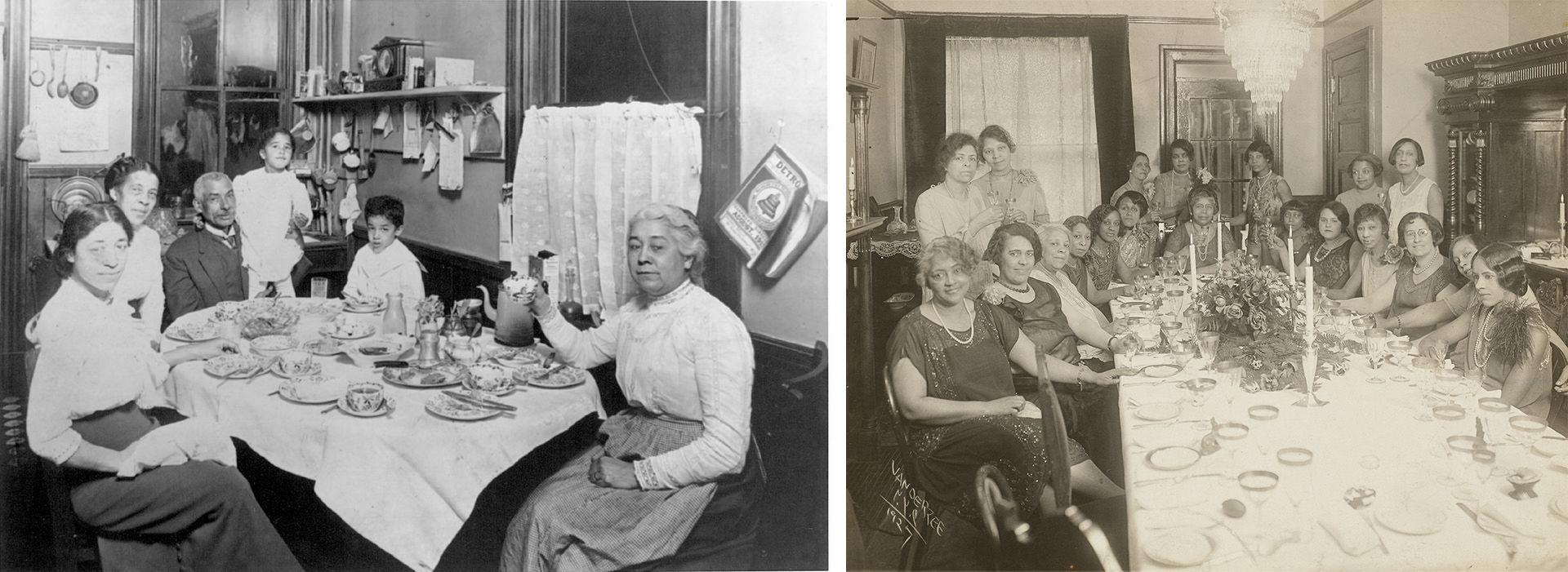 Composite of white and black images of women in the early 1900's sitting around together for tea.
