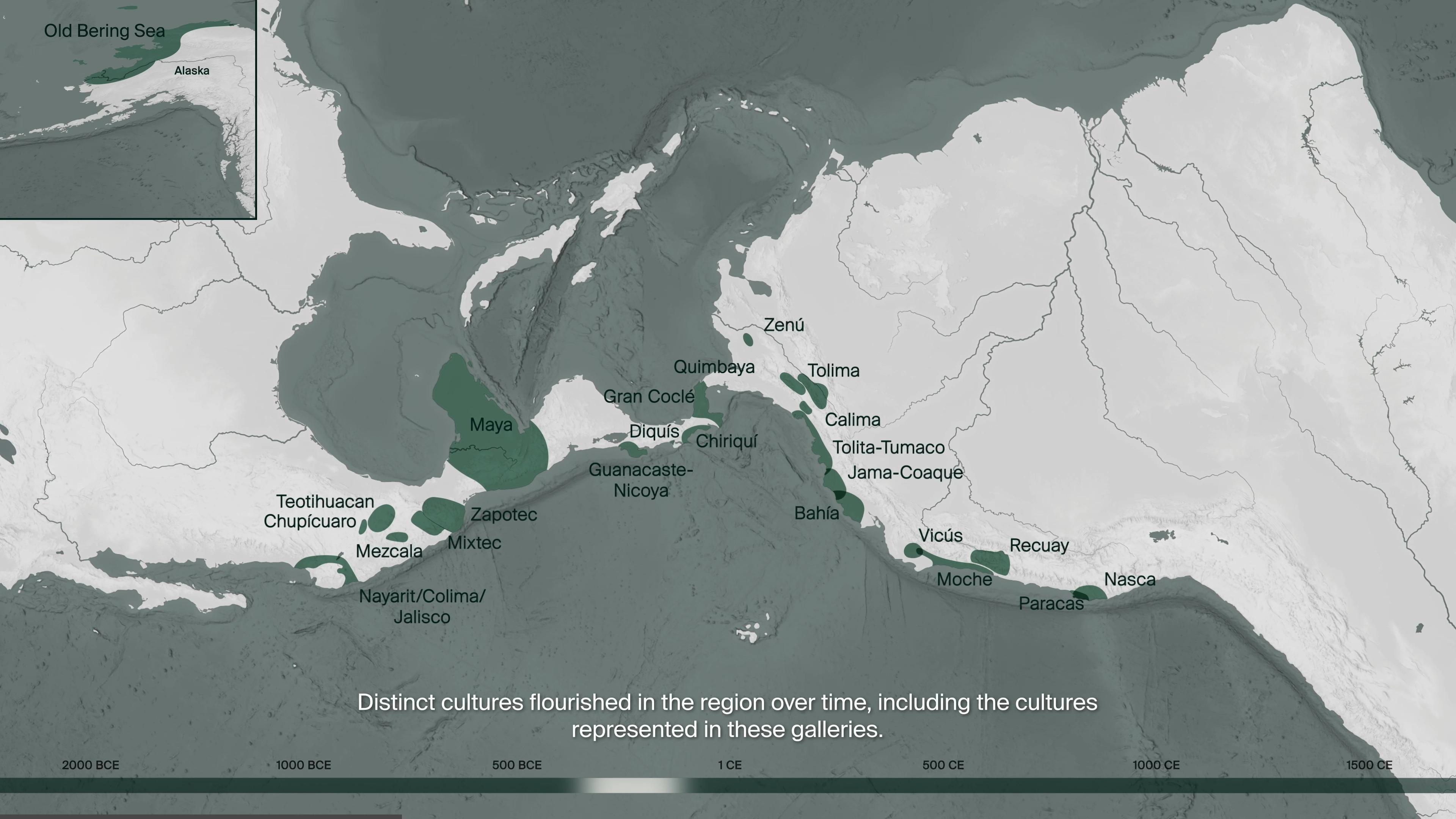 Rotated map view showing the locations of distinct cultures in the ancient Americas