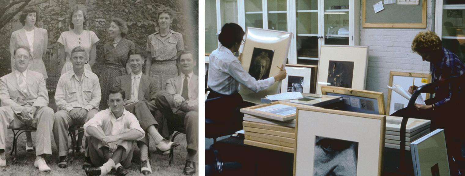 Left: 1940s photograph of men and women in old fashioned clothes smiling for camera. Right: Two people in an office looking over stacks of framed artworks, checking off a list.