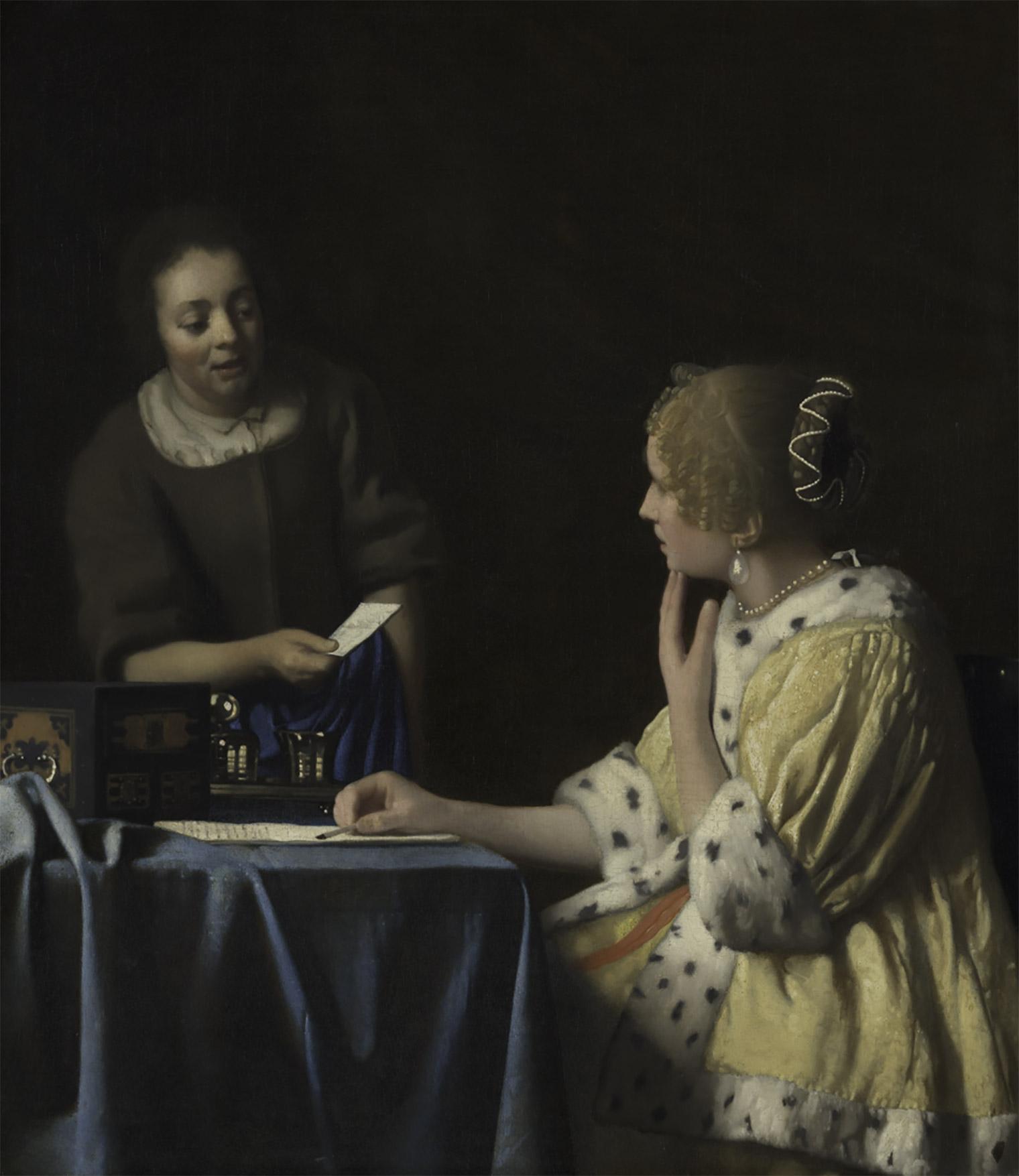 Painting of a woman dressed in a yellow, fur-lined dress sits at a table; she looks slightly sideways at a woman standing in a plainer dress; this figure holds out a small piece of white paper