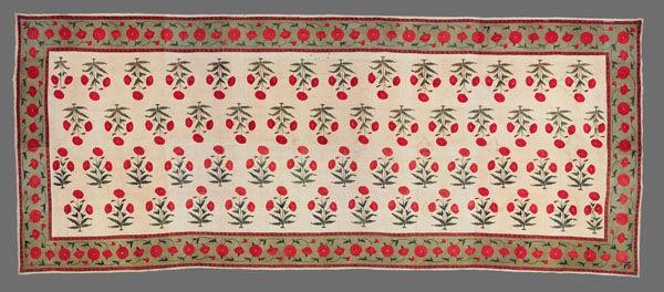 Fig. 2. Example of an intact floor cover from the Victoria and Albert Museum. Measuring approximately 380 inches in length by 154 inches in height, the Met's textile fragments comprise a little less than half the size of this full-size floor cover. Parts of a floorspread, made late 17th century–early 18th century. Possibly made in Burhanpur, India. Resist-dyed and mordant dyed cotton. The Victoria and Albert Museum, London (IM.69&A-1930). Image © The Victoria and Albert Museum