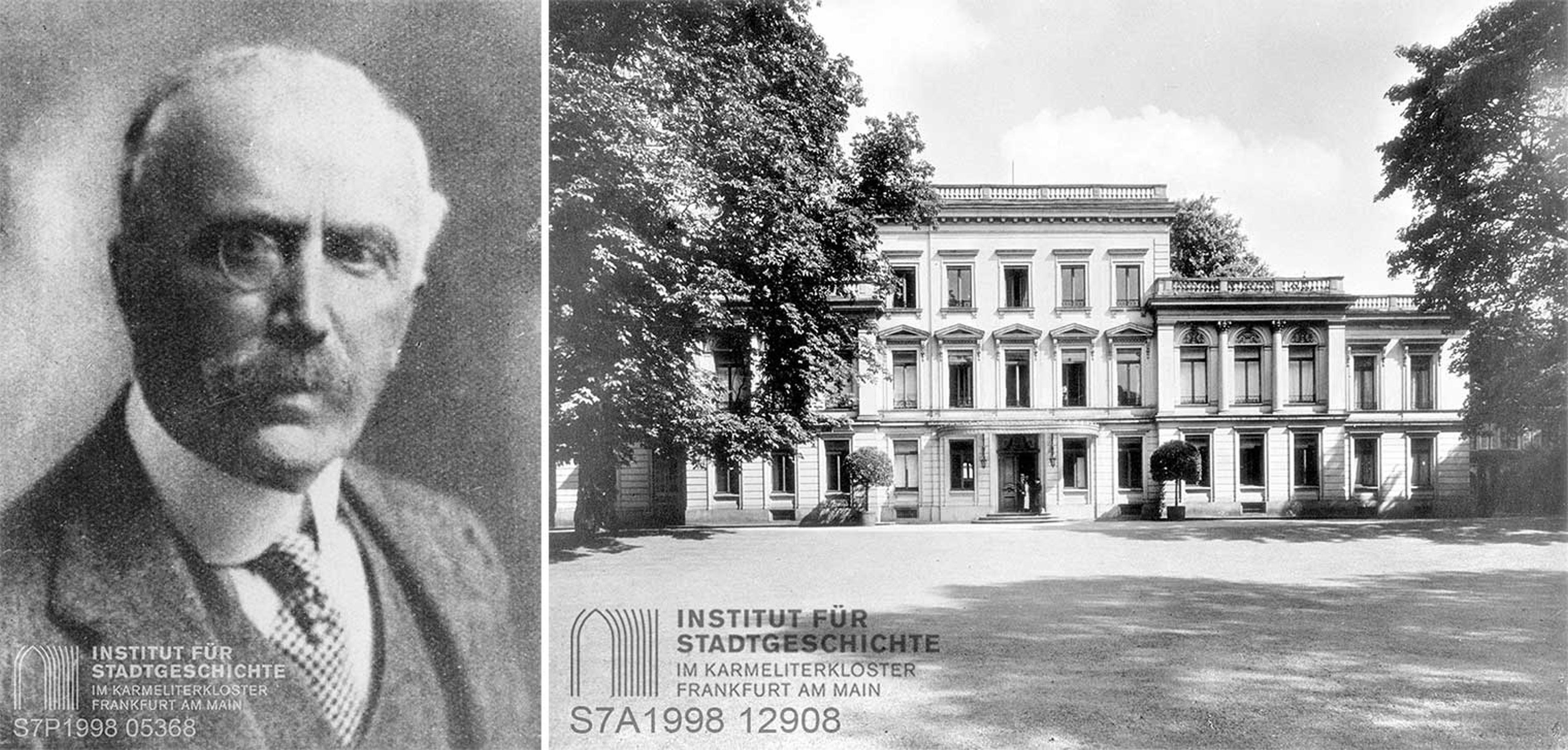 A black-and-white photo of Maximilian von Goldschmidt-Rothschild and a black-and-white photo of the Rothschild palace