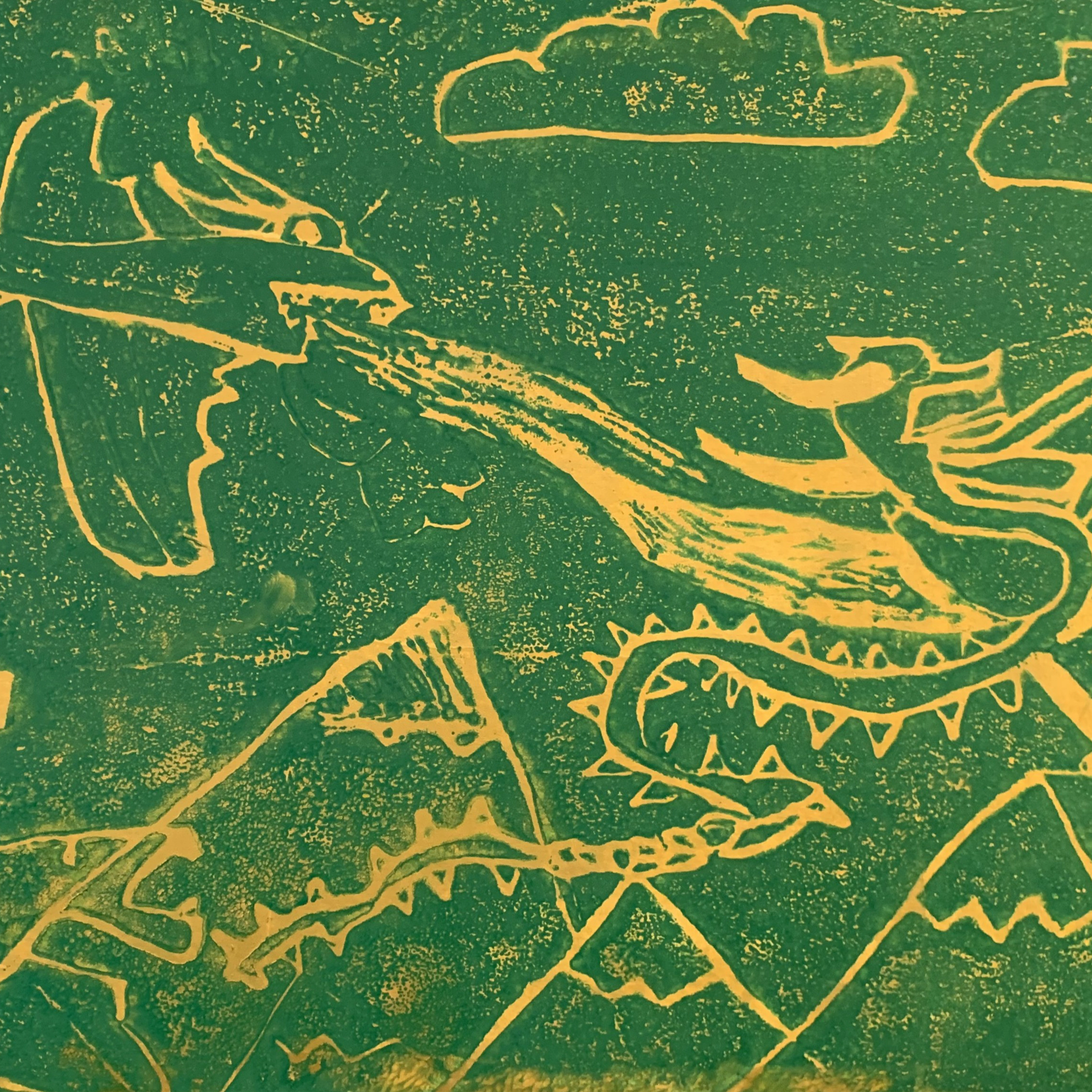 Abstract image of a dragon breathing fire in yellow against a textured green background.