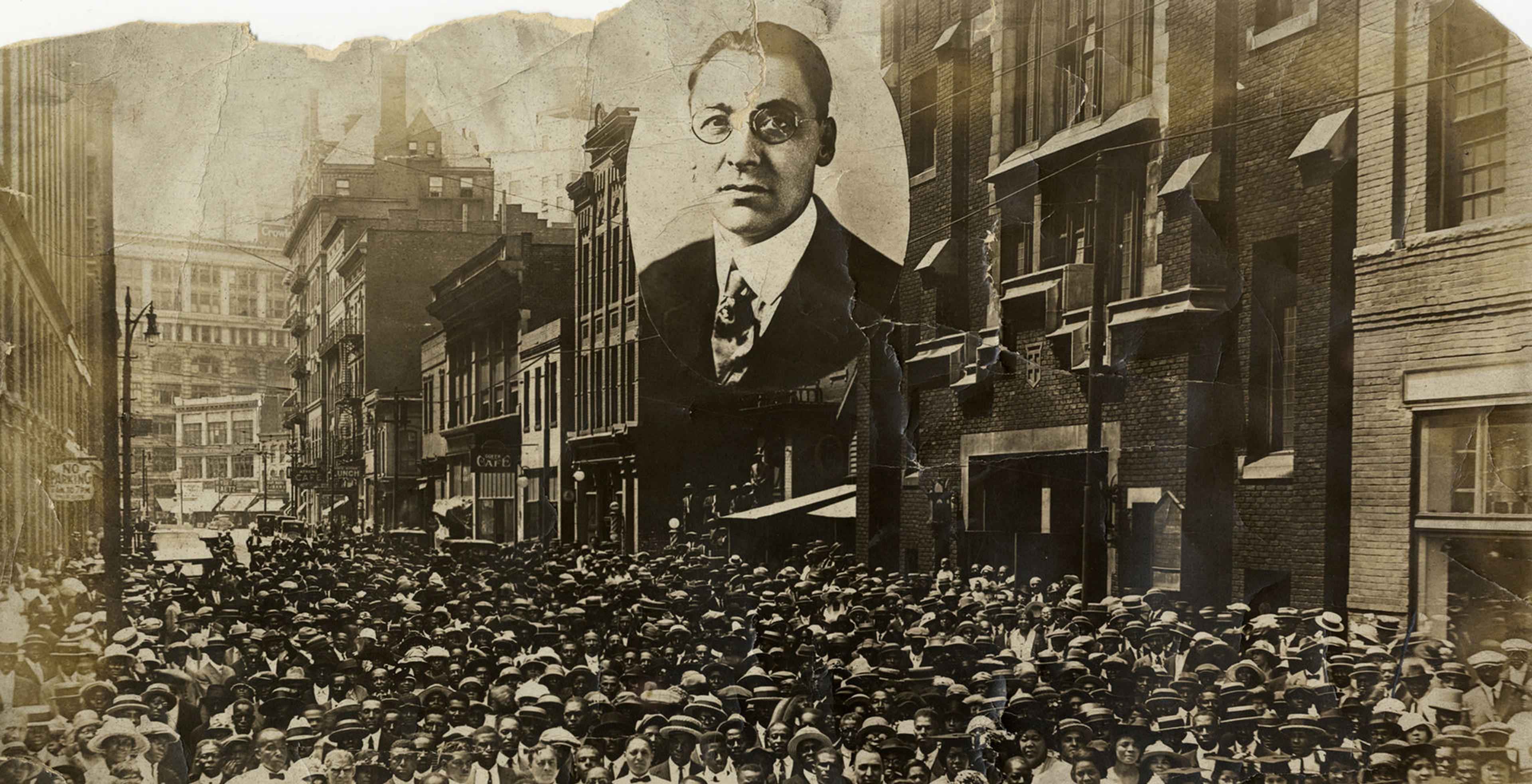 Group portrait of members of the Second Baptist Church in Detroit, Michigan. Congregation poses in front of church building located at 441 Monroe Street; commercial buildings in background. Inset portrait of the Reverend Robert L. Bradby. Handwritten on front: "Second Baptist Church, Aug. 5, 1923. Jackson photo." Stamped on back: "Harvey C. Jackson, photographer. Clifford 6054 M. 2614 Beaubien St., Detroit, Mich. Suitable frames for this photograph in stock or made to order."